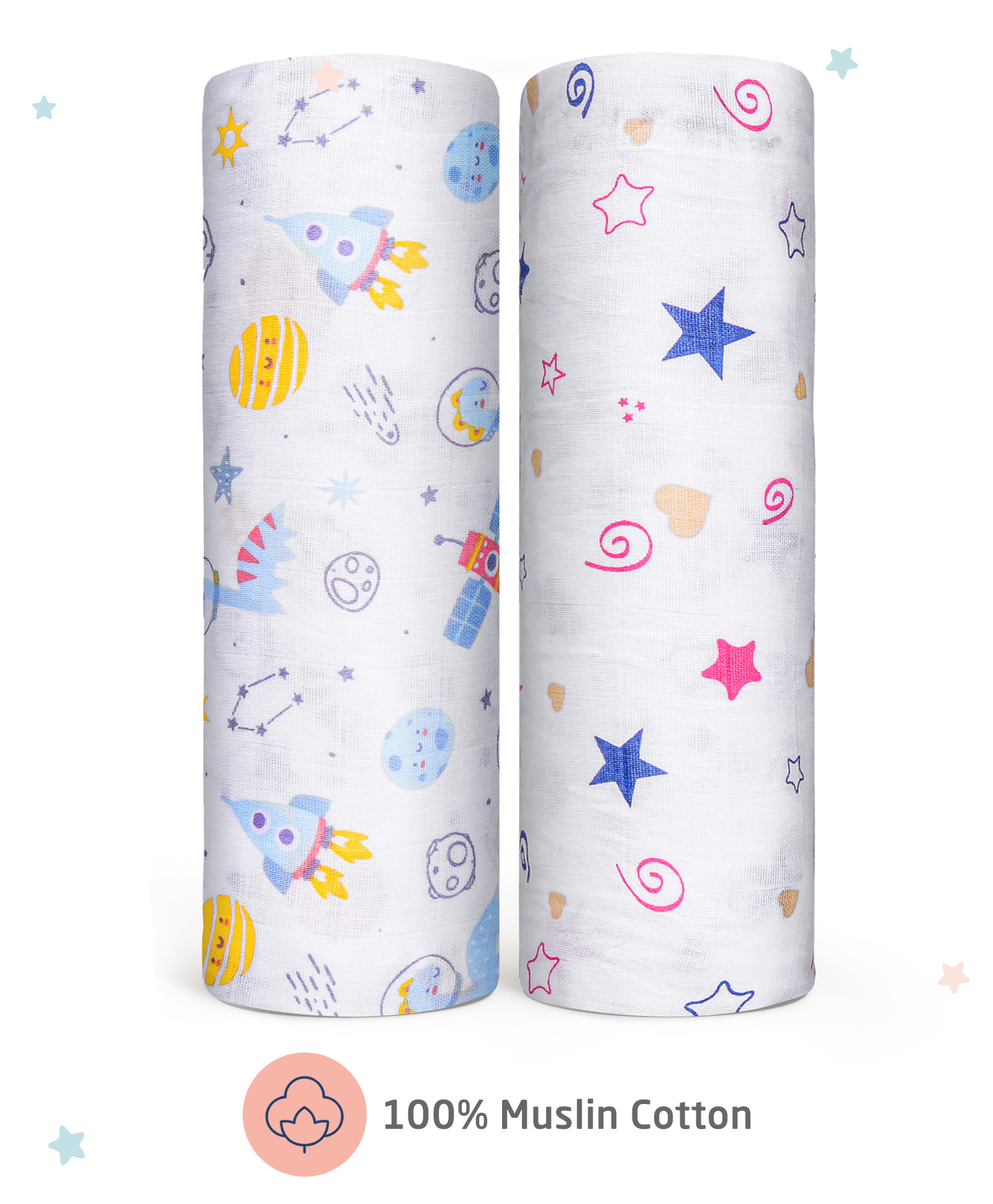 Zoe 100% Cotton Muslin Multipurpose Swaddle Wrap Pack of 2 Star Print- Multicolour-image-36