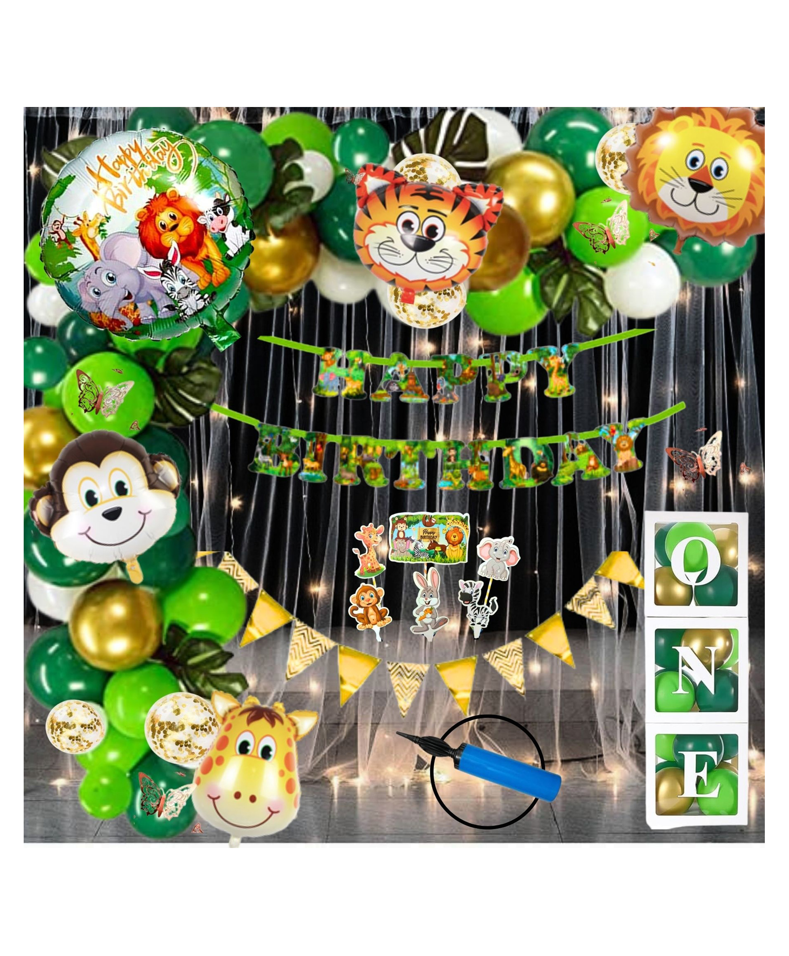 Puchku Premium Happy Birthday Combo KIT  Foil balloon Set Jungle Theme for first 1st birthday boy kids girl pack of 85  Multicolor-image-5