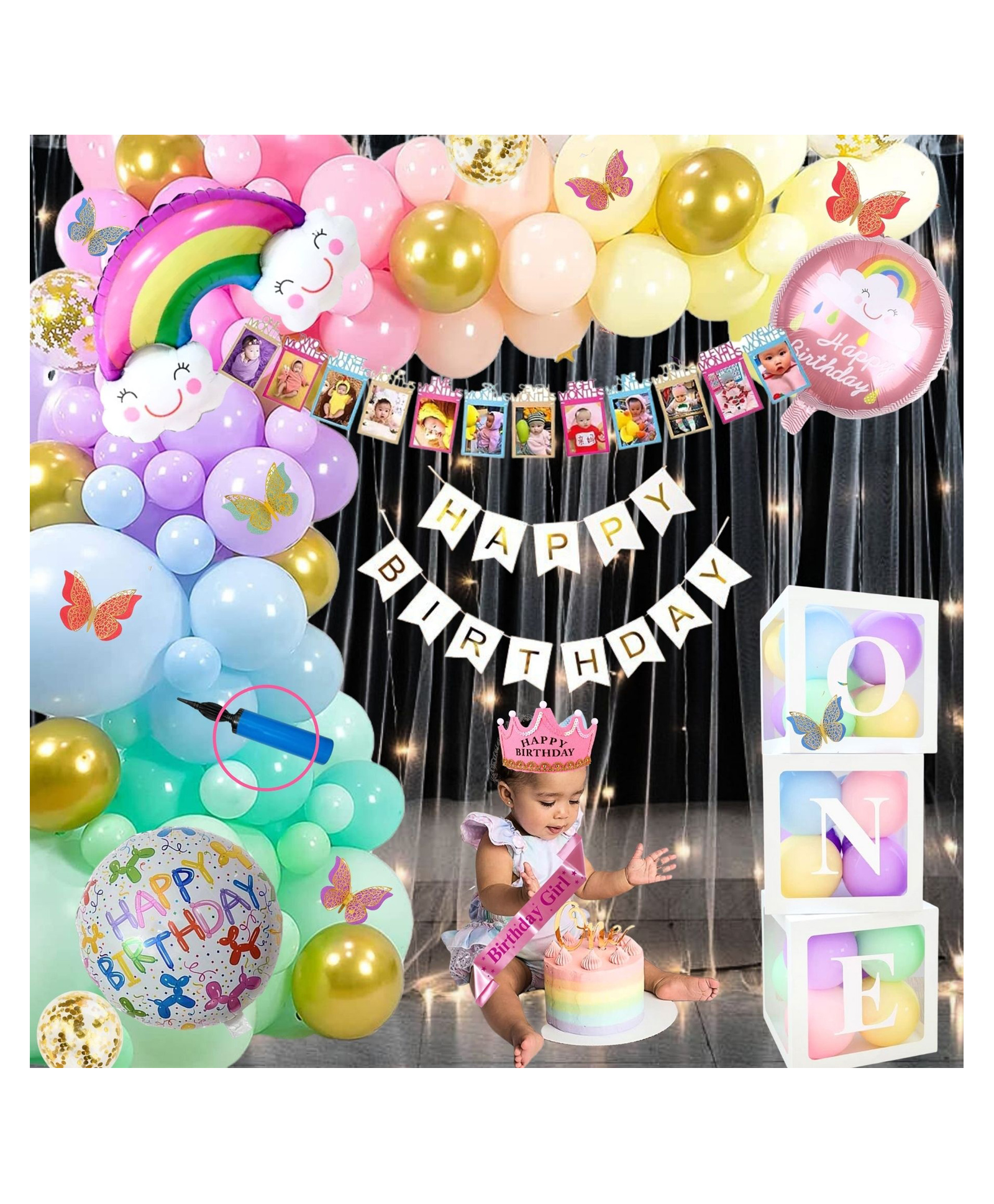 Puchku Premium Happy Birthday Combo KIT  Rainbow Foil balloon Set for first 1st birthday Theme girl kids Pack of 79  Multicolor-image-20