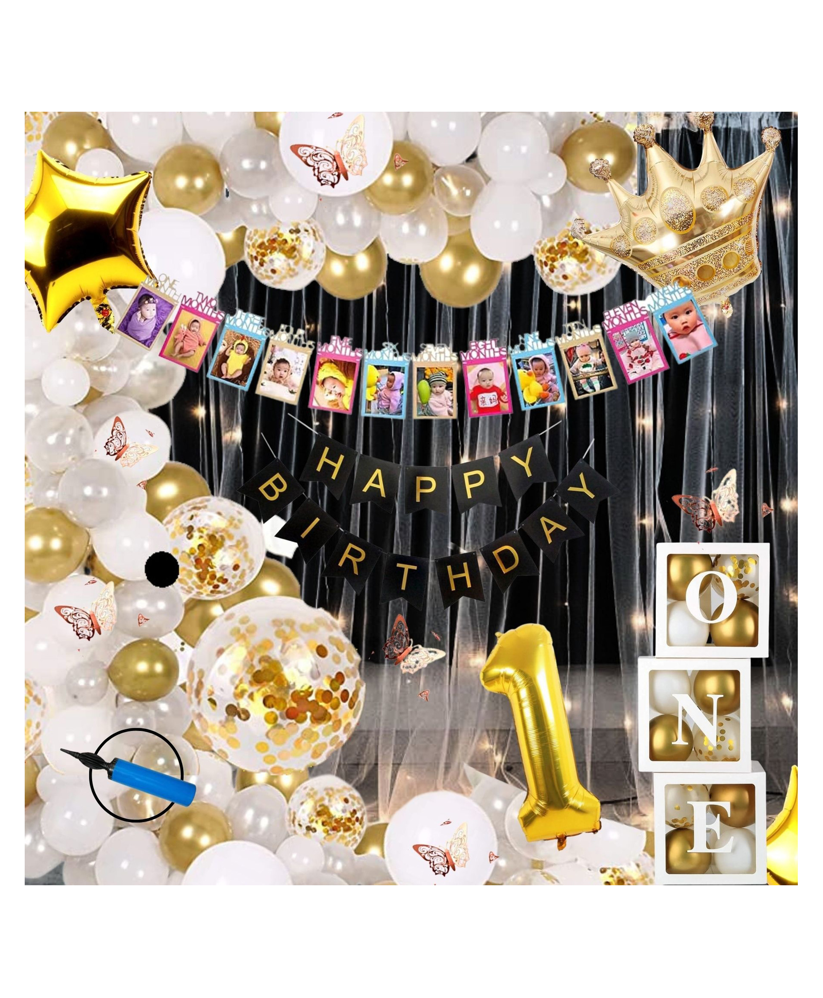 Puchku Premium Happy Birthday Combo KIT  Foil balloon Set for first 1st birthday White Gold Theme boy girl kids  pack of 90  white-image-14