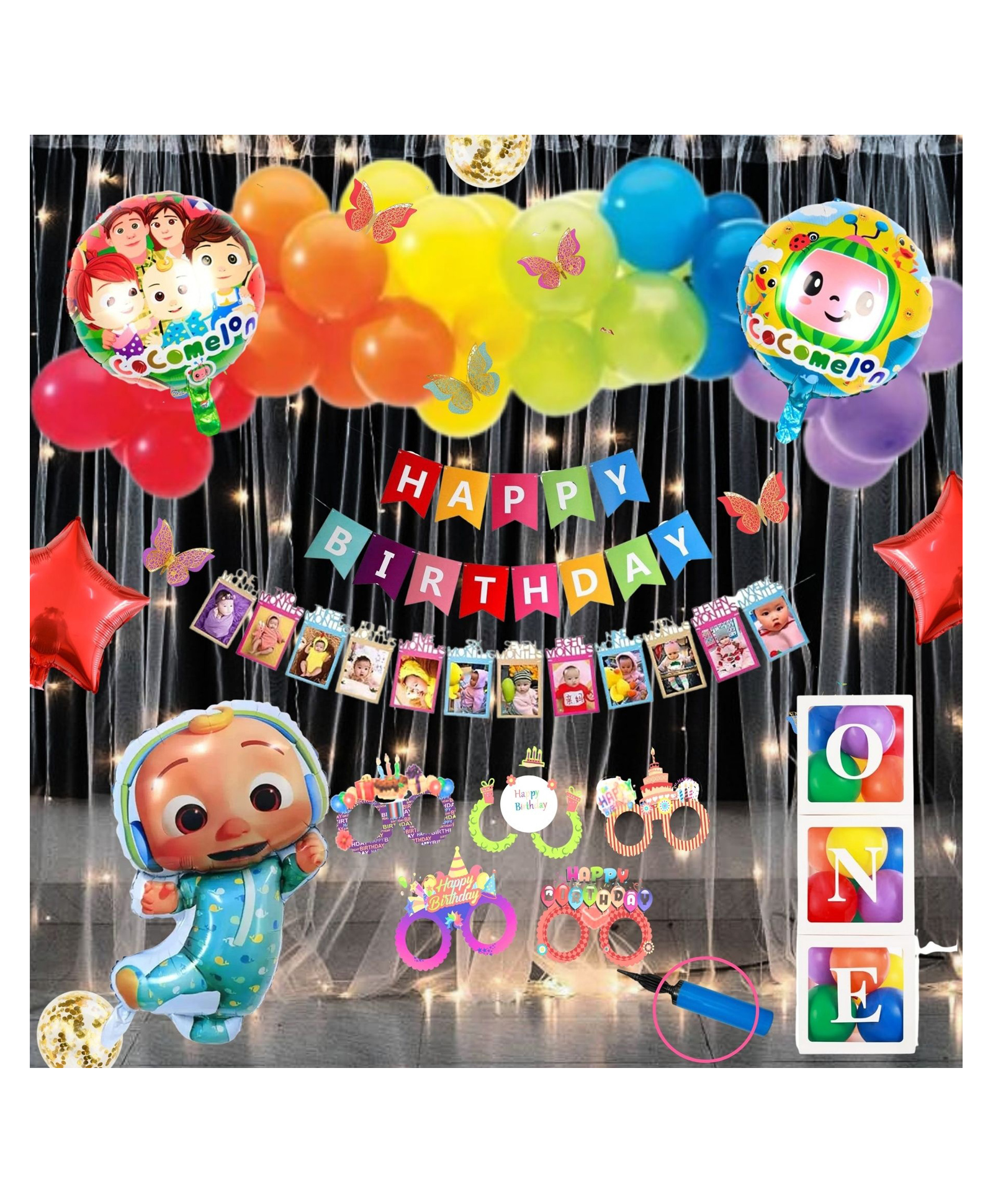 Puchku Premium Happy Birthday Combo KIT  Cocomelon Foil balloon Set for first 1st birthday Theme boy girls kids pack of 88   Multicolor-image-15