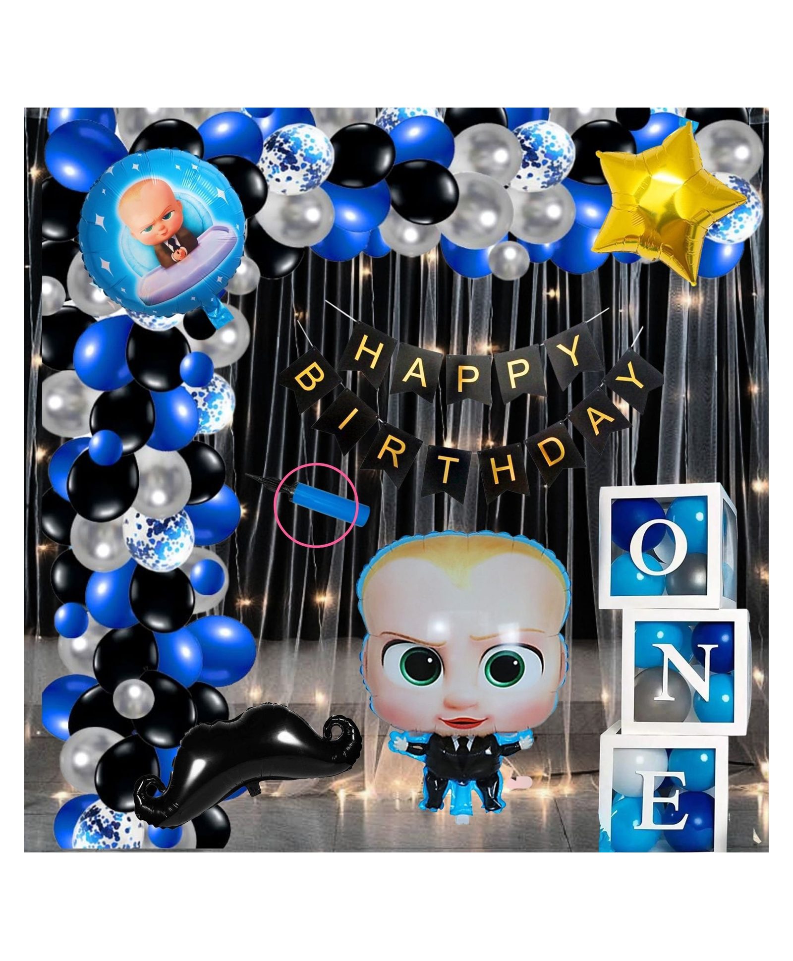 Puchku Premium Happy Birthday Combo KIT  Boss baby Foil balloon Set for first 1st birthday Theme boy kids Pack of 65 Multicolor-image-19