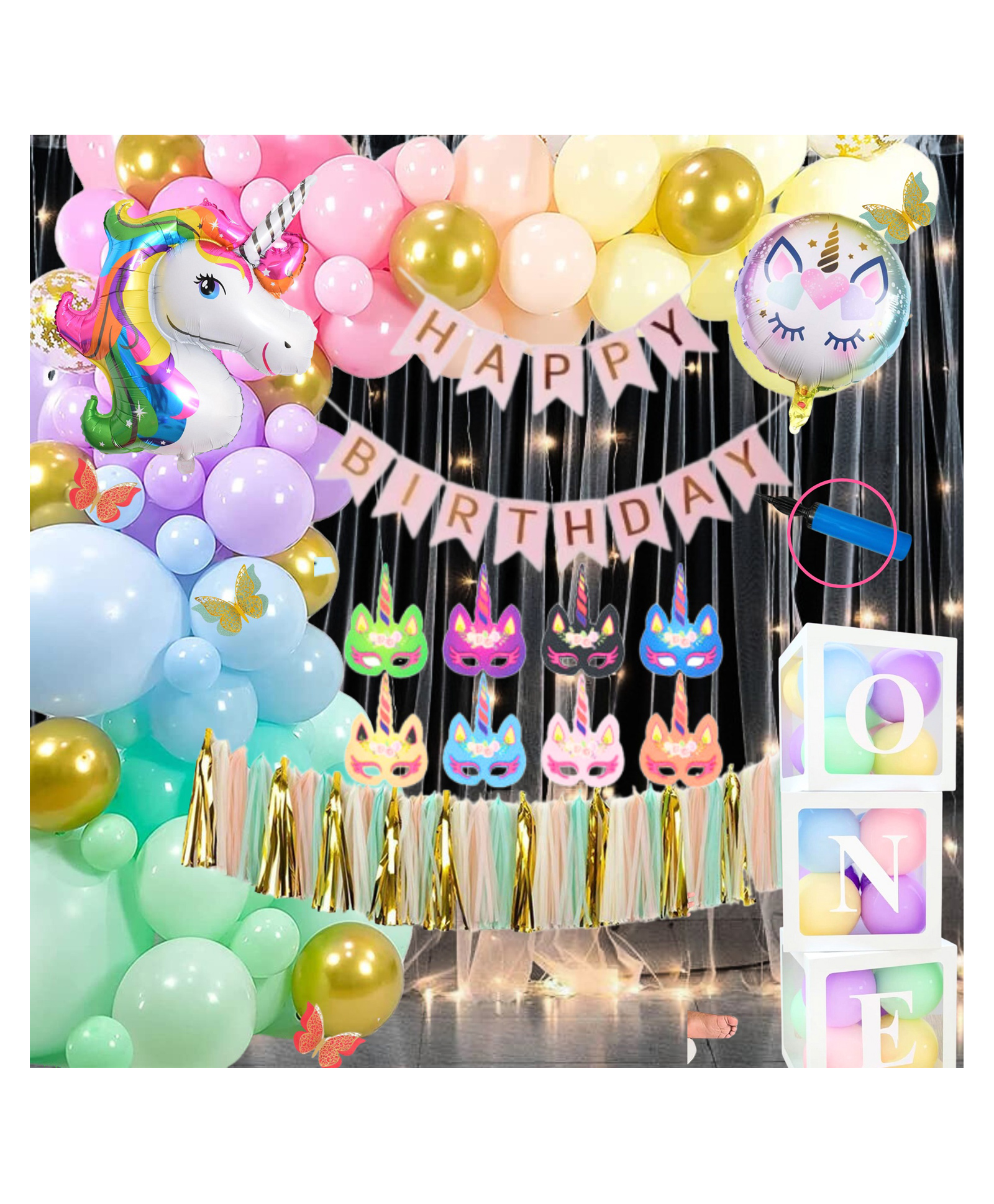 Puchku Premium Happy Birthday Combo KIT  Foil balloon Set for first 1st birthday Unicorn Theme girl kids Pack of 86  Multicolor-image-16