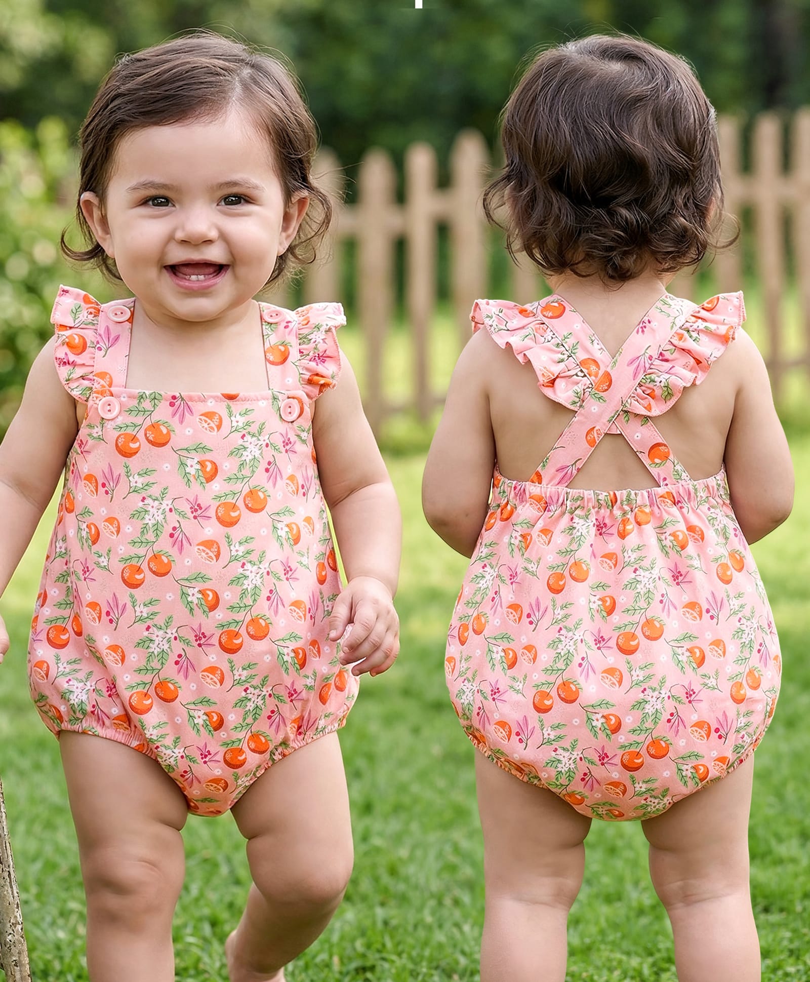 Babyhug 100% Cotton Knit Frill Sleeves Onesie Fruity Print - Peach-image-42