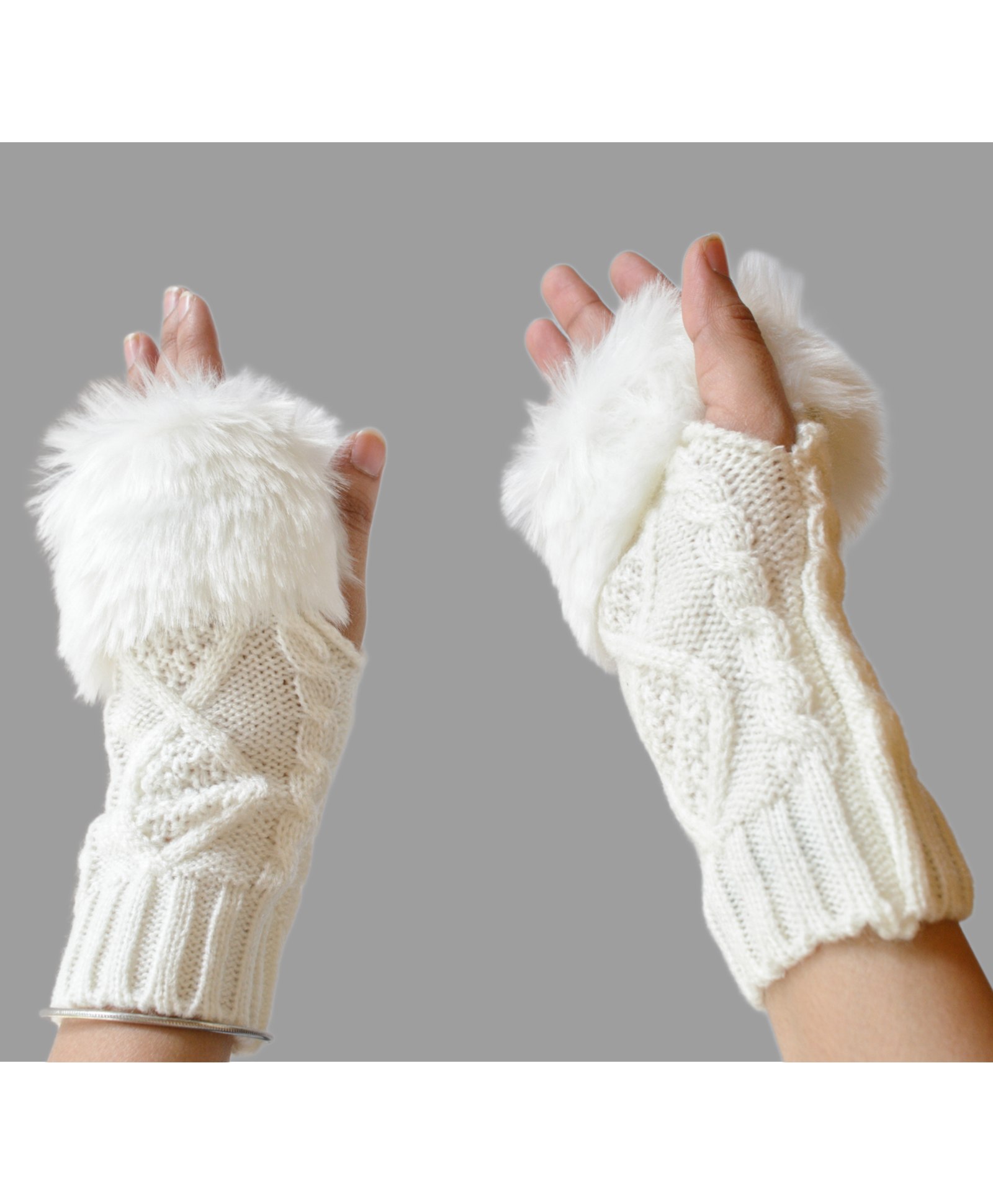 Tipy Tipy Tap Cable Woven Designed Fur Lined Gloves - White-picture-30