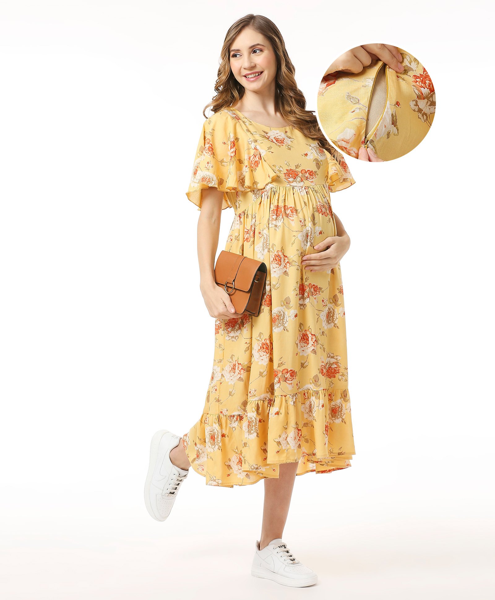 Bella Mama Flutter Sleeves Floral Printed Maternity Dress with Pocket - Yellow-image-46
