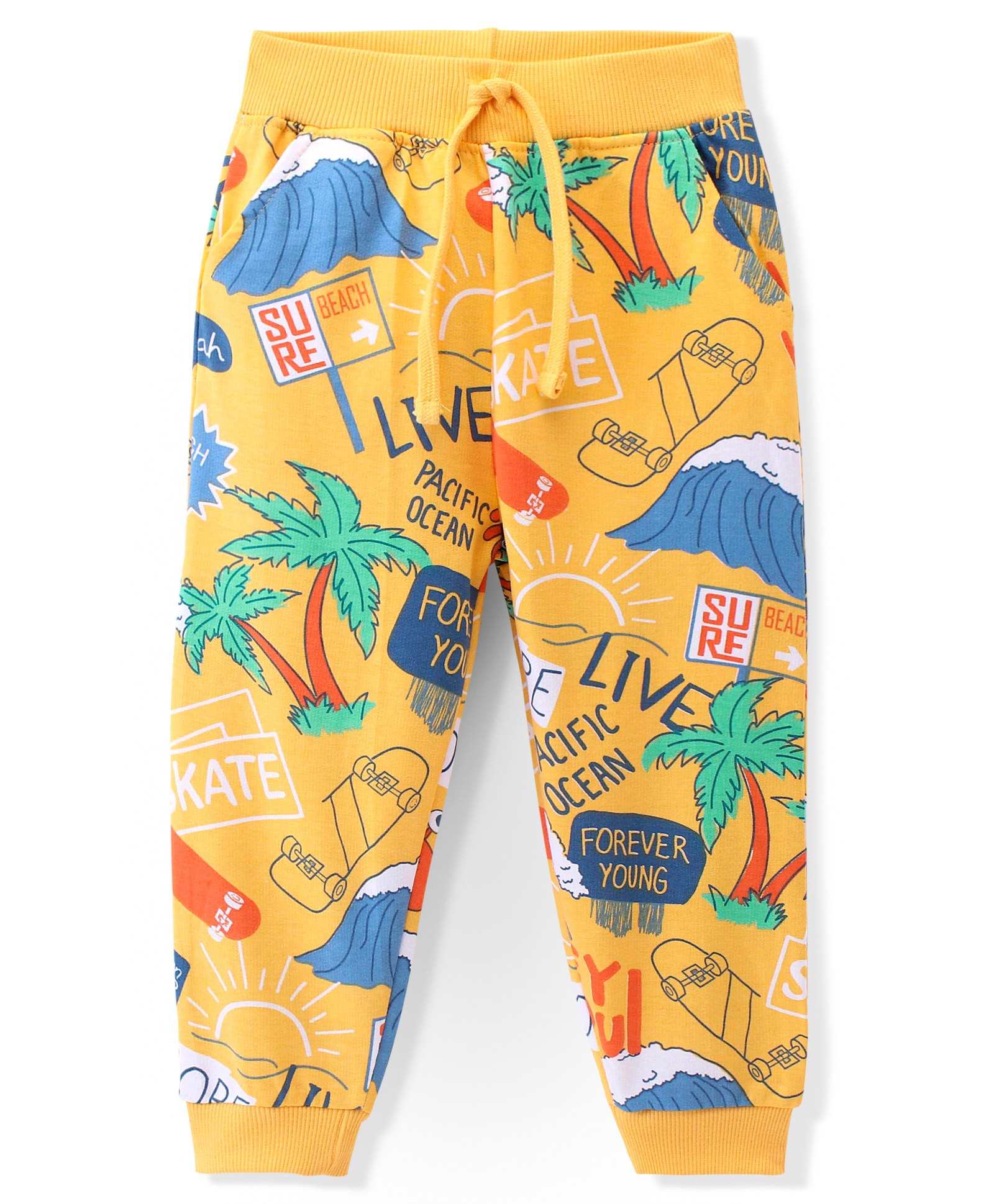 Babyhug Cotton Looper Knit Full Length Lounge Pant Skateboard Printed - Yellow-image-14