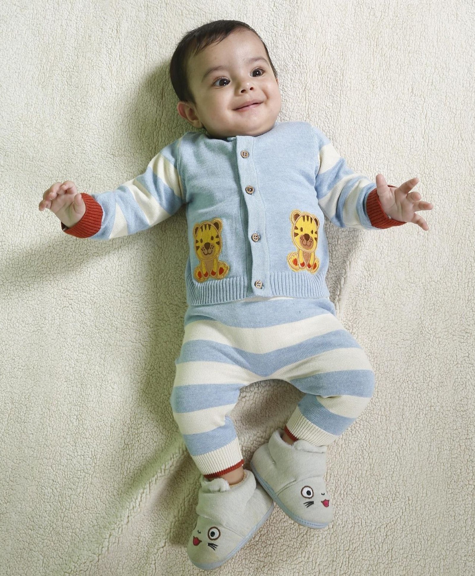 kids of greendeer Greendeer  100% Cotton Full Sleeves Soulful Tiger Patch Detailed Sweater With Lower - Baby Blue-picture-16