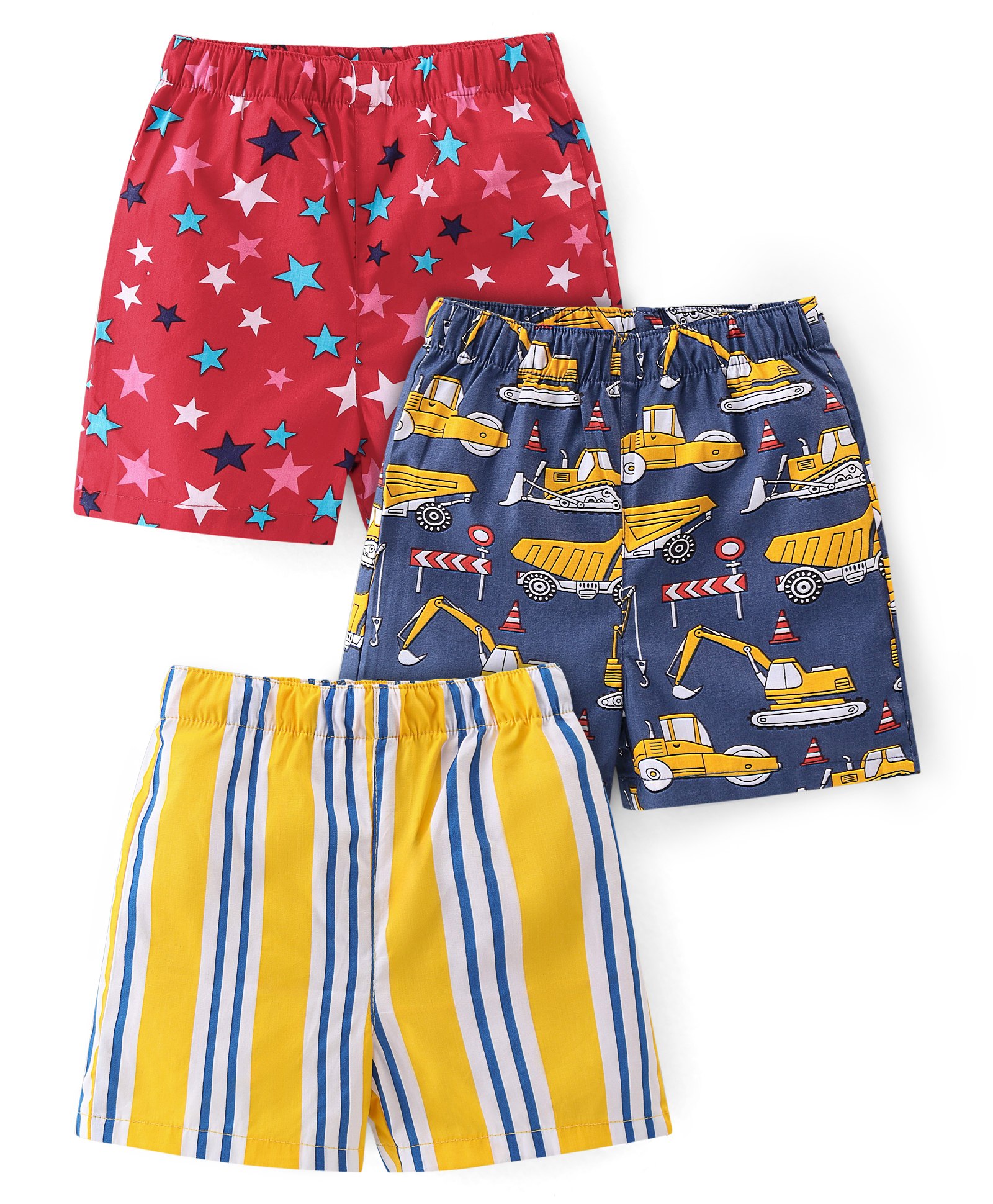 Babyhug Cotton Woven Regular Boxers Stars & Trucks Print Pack of 3 - Red Yellow & Blue-image-1