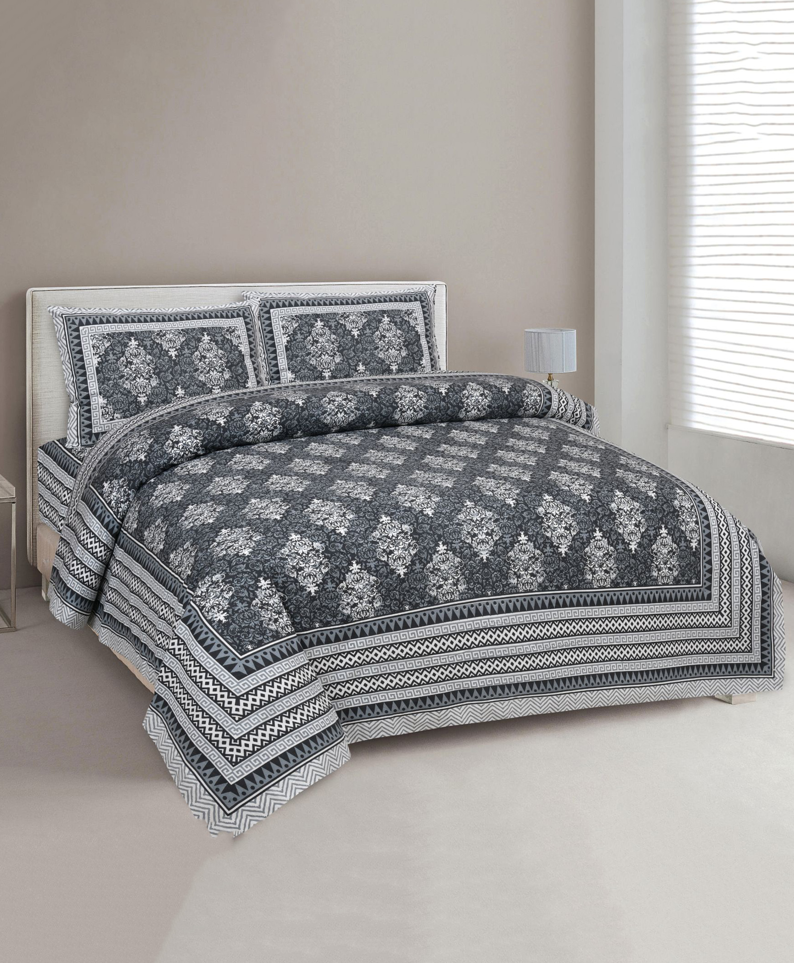 Uniqchoice Floral Printed King Size Bedsheet with 2 Pillow Cover - Grey-picture-14