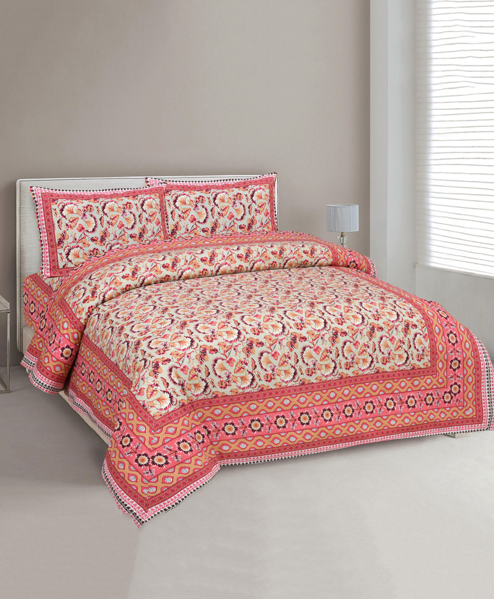 Uniqchoice Floral Printed King Size Bedsheet with 2 Pillow Cover - Peach-image-26