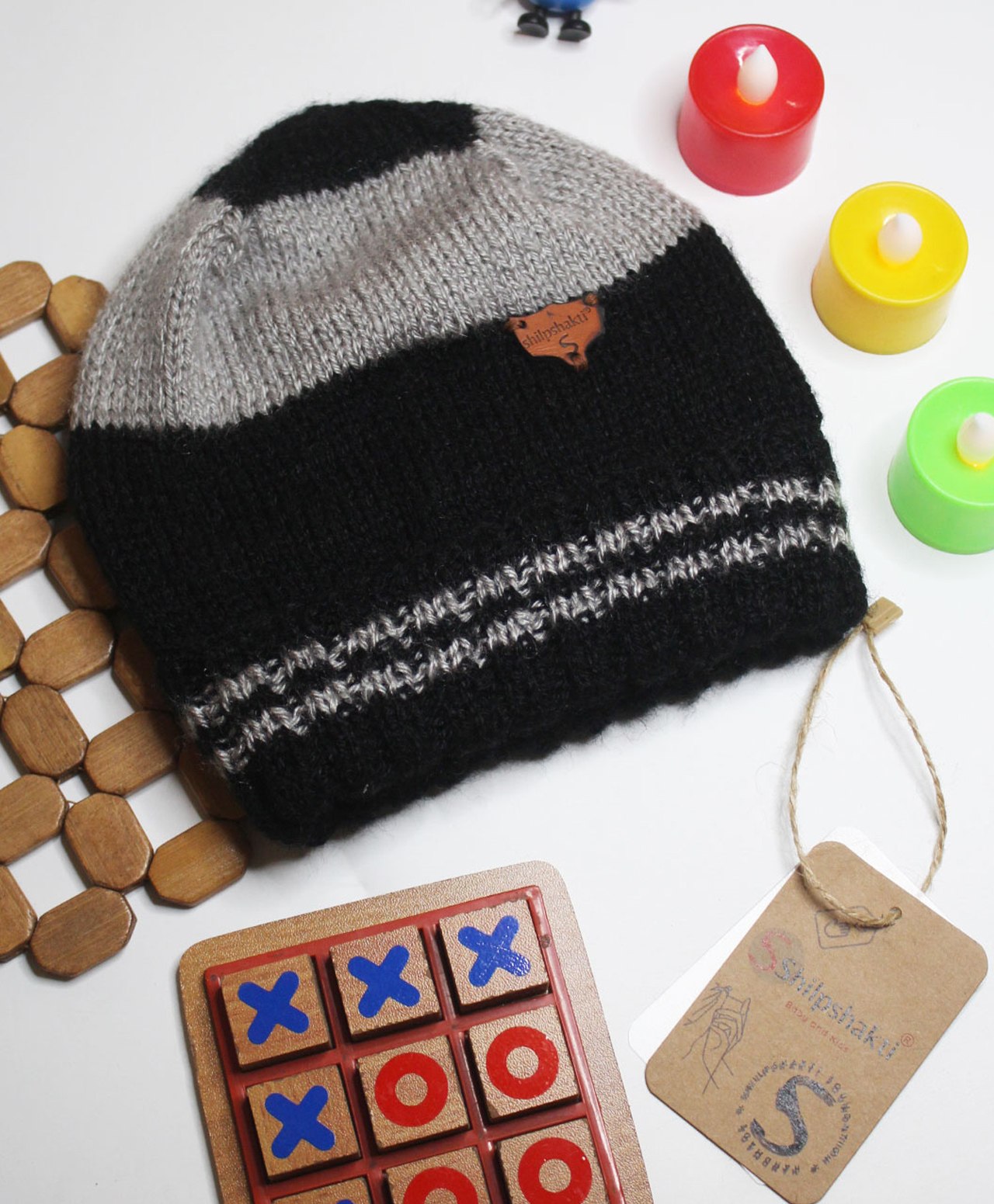 Shilpshakti Unisex Colour Blocked Handmade Woolen Cap - Light Grey  & Black-image-27