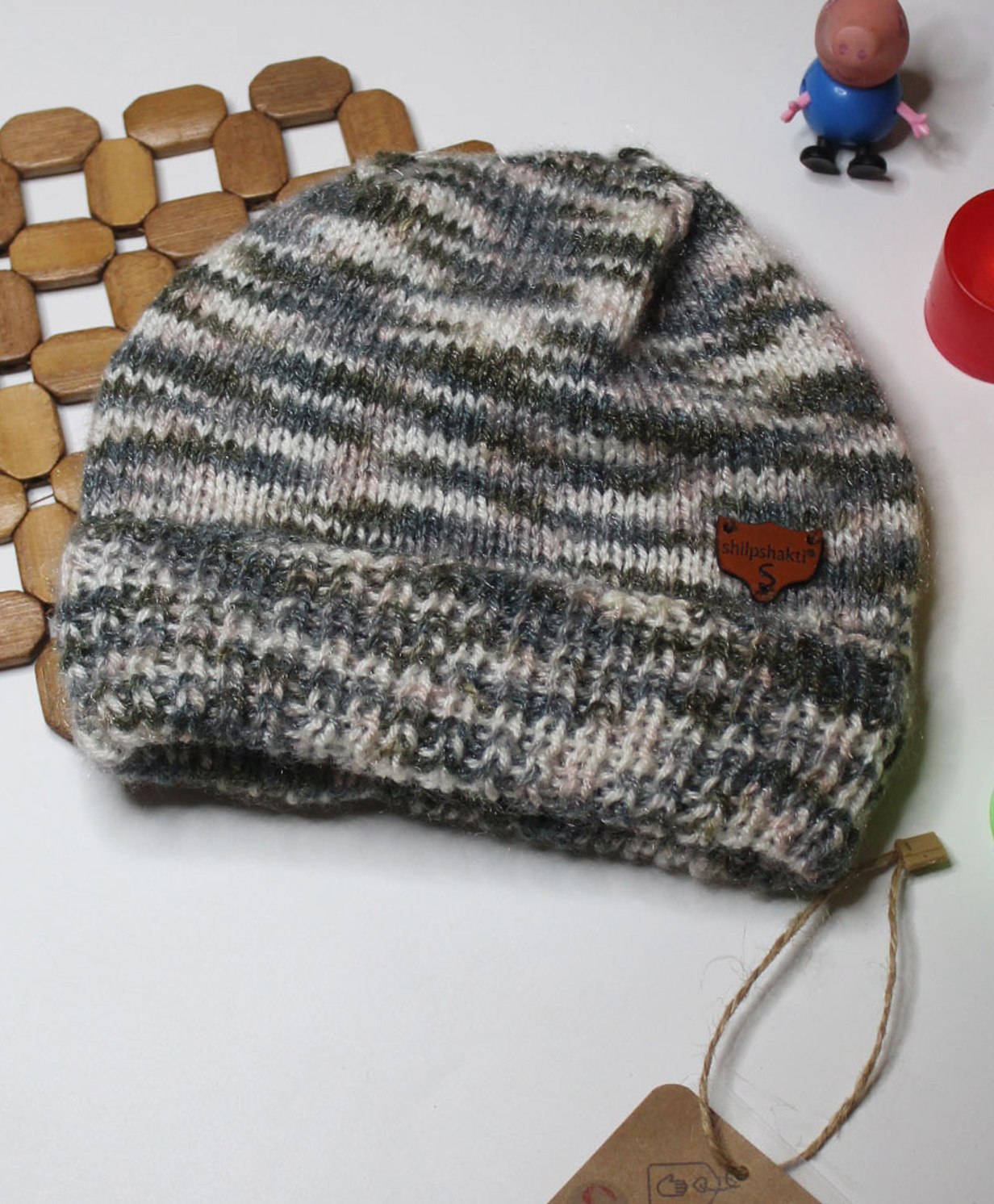 Shilpshakti Abstract Designed Handmade Woollen Cap - Grey & Multi Colour-image-19