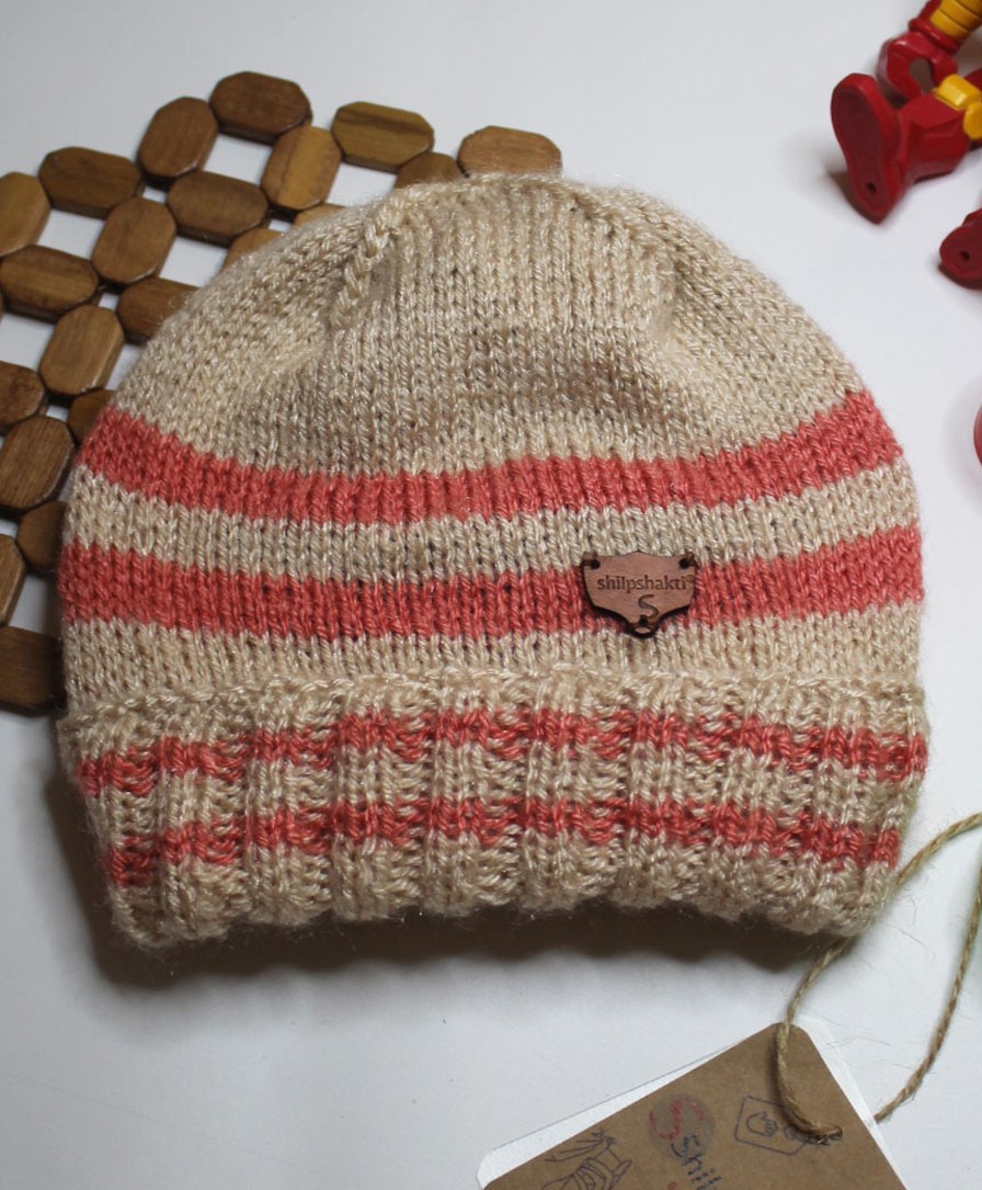Shilpshakti Striped Designed Handmade Woollen Cap - Beige & Orange-image-41