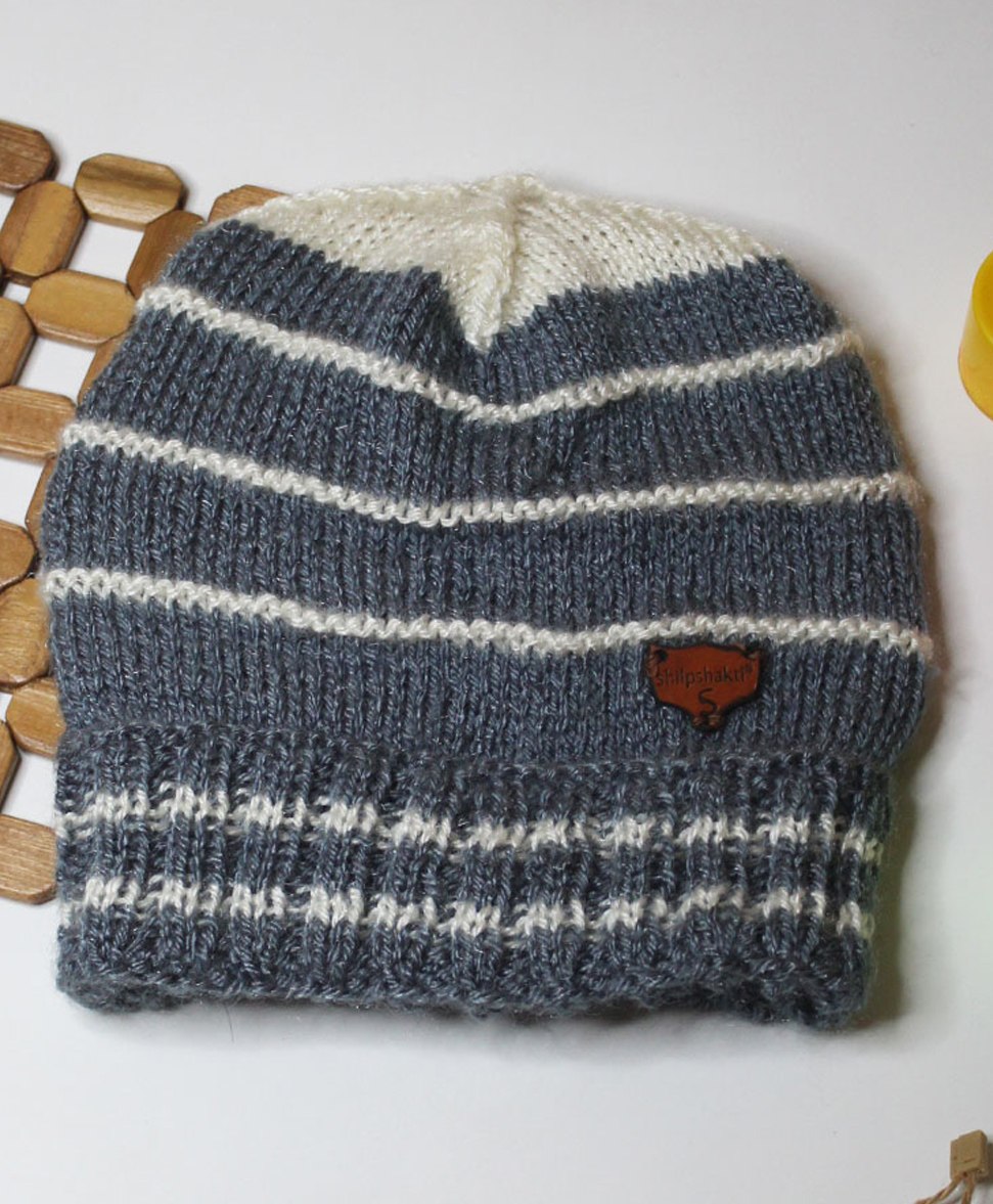 Shilpshakti Striped Designed Handmade Woollen  Acrylic Cap - Grey & Cream-picture-16