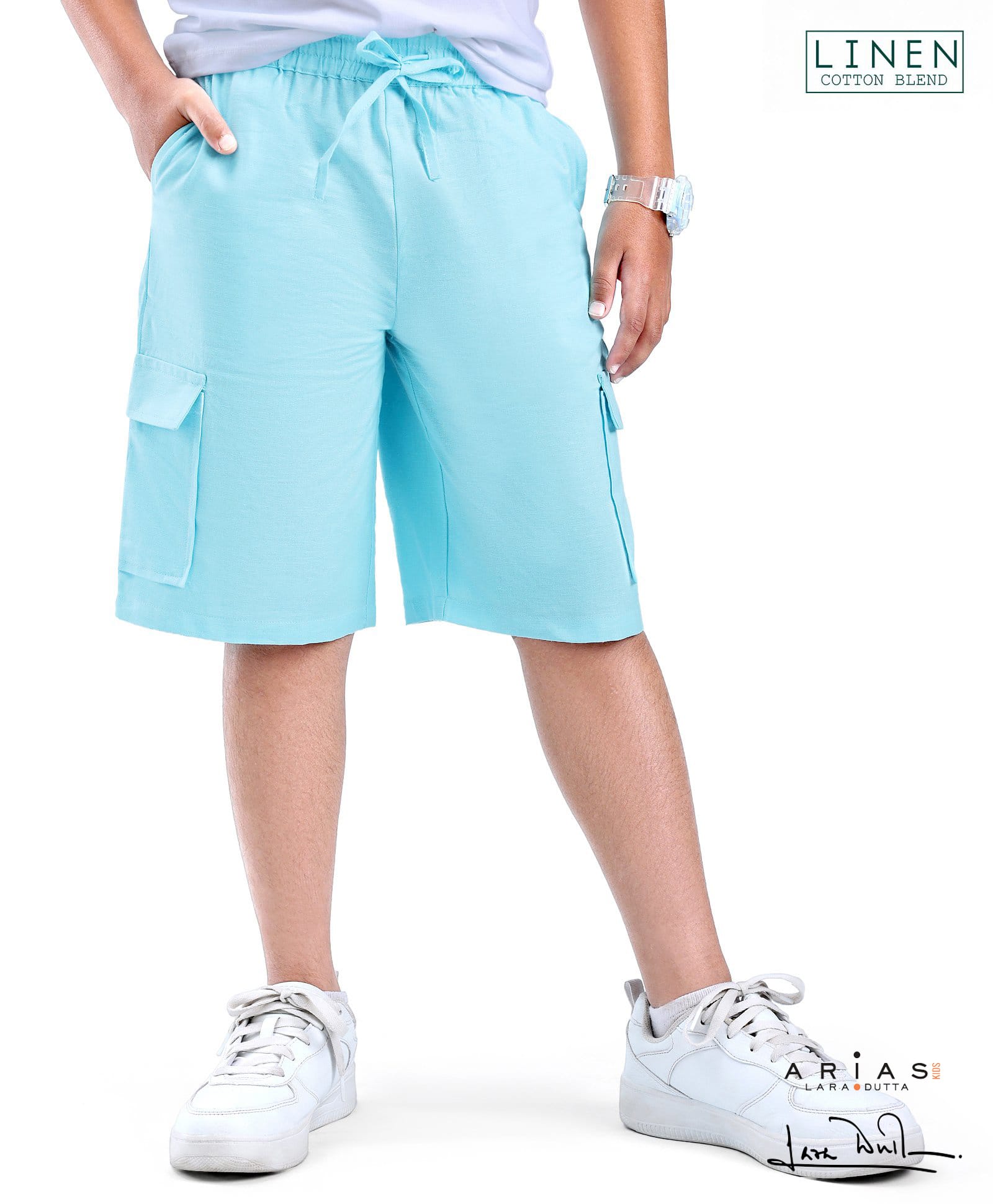 Arias Linen Cargo Shorts With Side Flap Pockets Atomizer Solid Colour - Blue-image-46