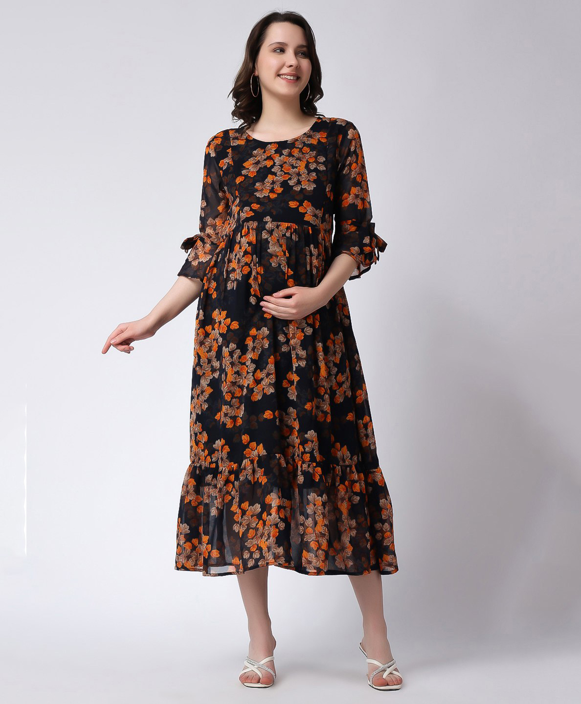 Moms Maternity Three Fourth Sleeves Floral Printed Midi Georgette Dress With Nursing Access - Navy Blue-image-4