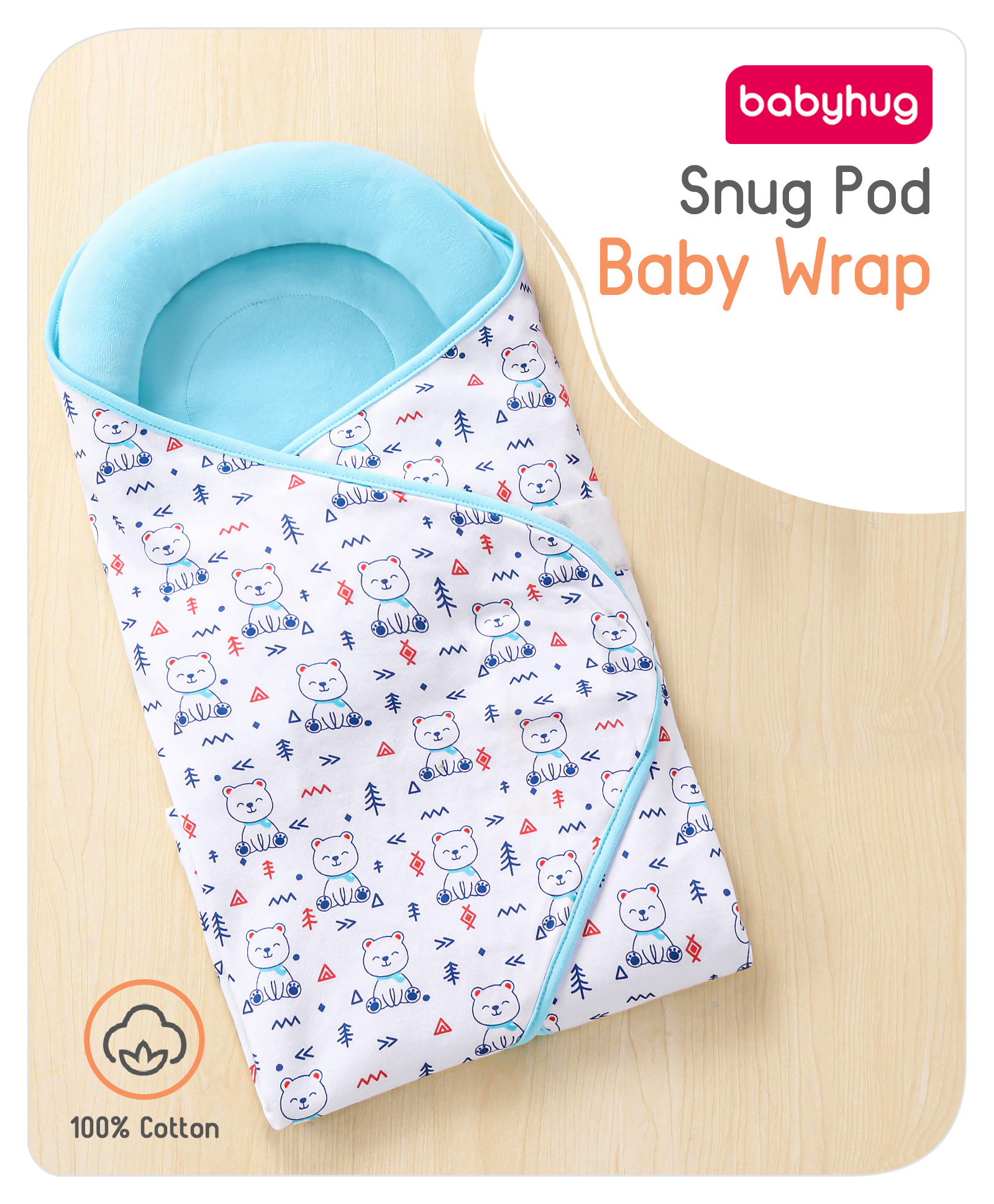 Babyhug Premium Cotton Snug Pod Baby Wrap Teddy Print- White & Blue-image-2