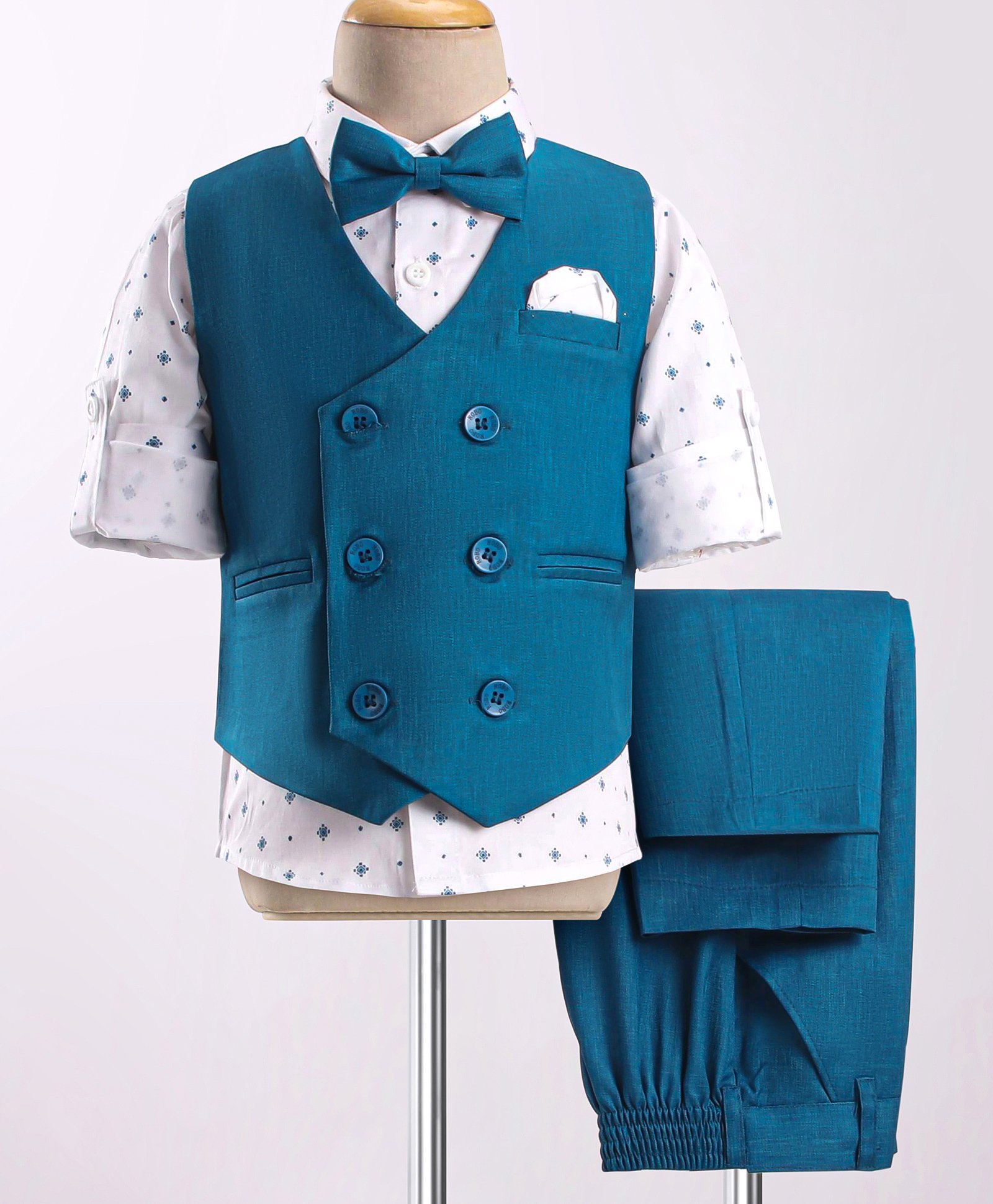 Robo Fry Full Sleeves Printed Party Suit with Bow - Blue-image-35