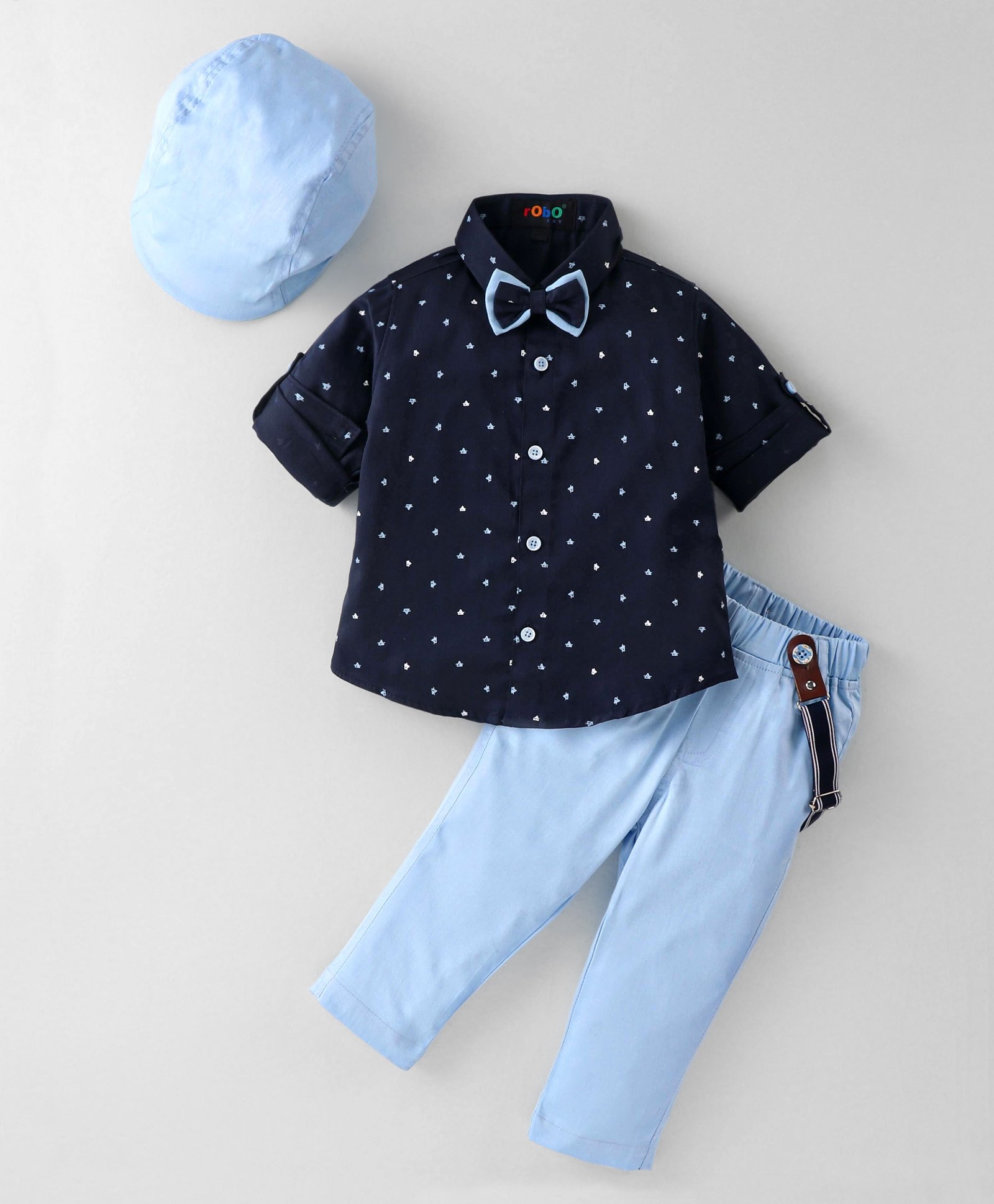 Robo Fry Cotton Woven Full Sleeves Printed Shirt and Trouser Set With Suspender Bow & Cap- Navy blue-image-27