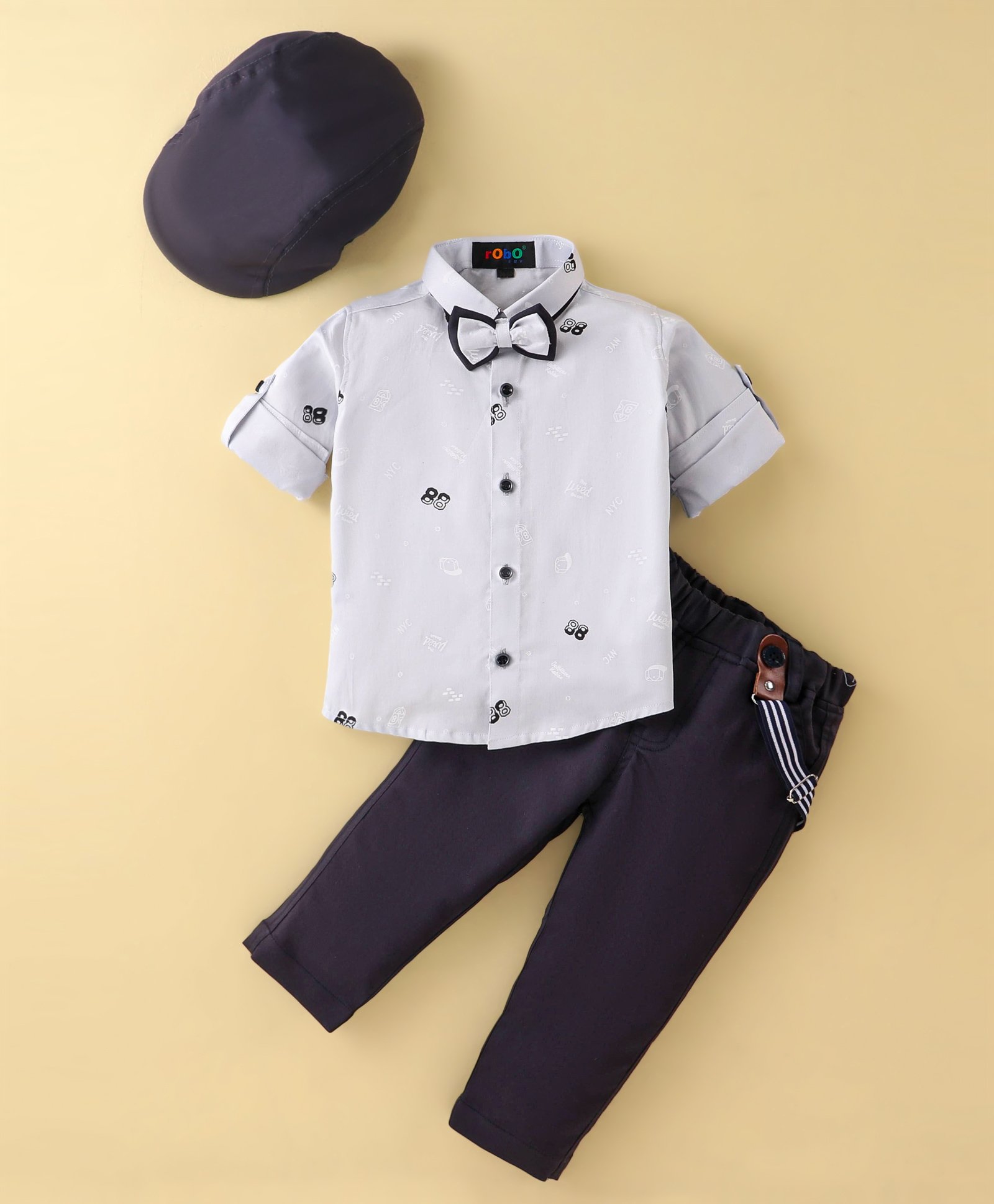 Robo Fry Cotton Woven Full Sleeves Shirt and Trouser Set with Suspender & Cap - Grey-image-25