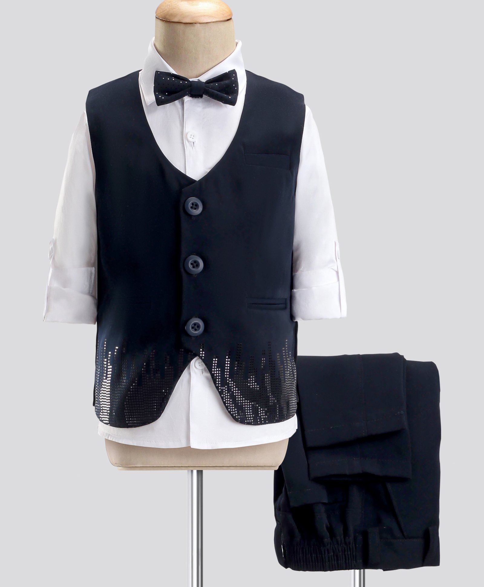 Robo Fry Full Sleeves Party Suit with Sequined Detailed Waist Coat & Bow - Navy Blue-picture-31