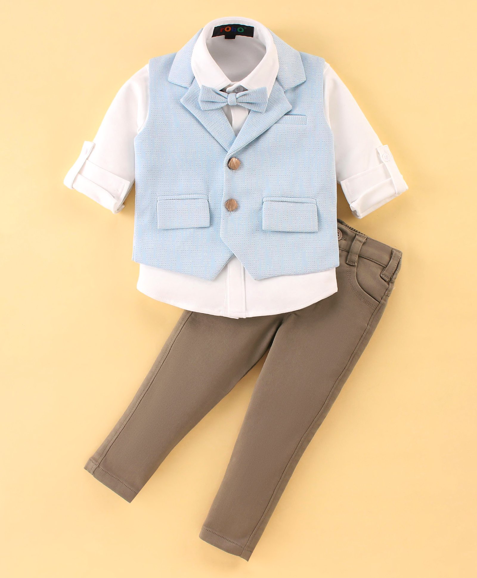 Robo Fry Full Sleeves 3 Pieces Solid Colour Party Suits with Bow - Blue-picture-16