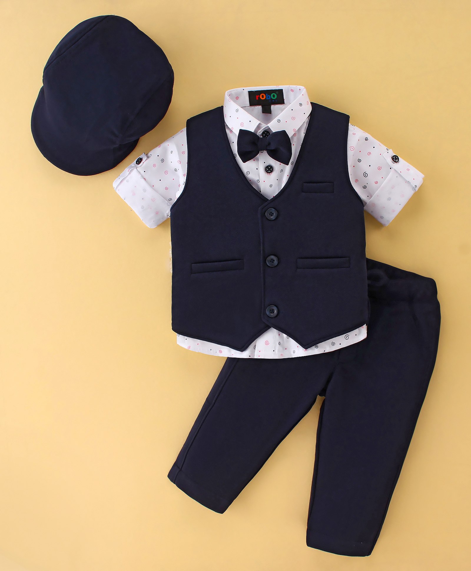 Robo Fry Knit to Woven Full Sleeves Solid Color Party Suits With Cap and Bow - Navy Blue-image-26