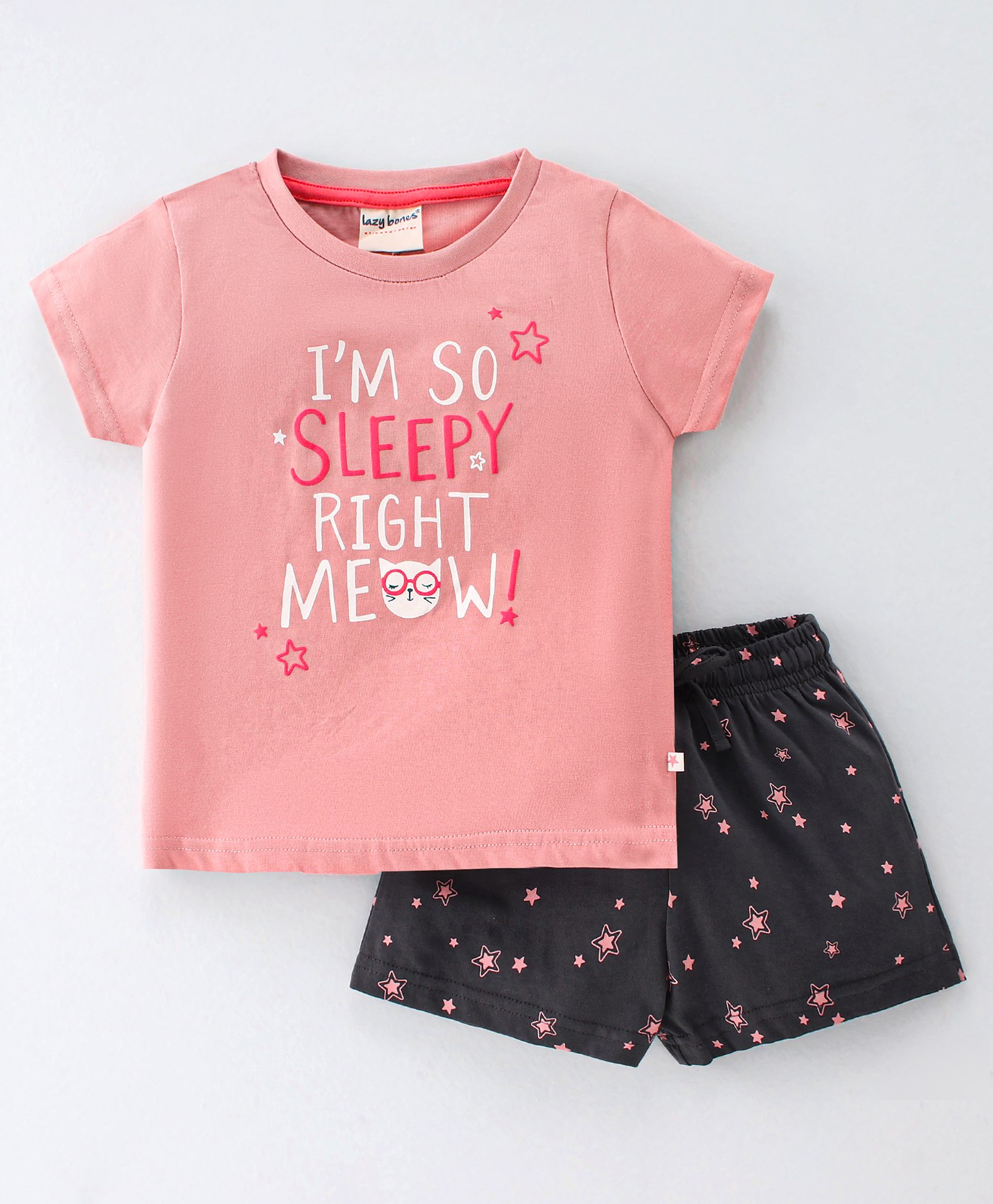 Lazy Bones Sinker Half Sleeves Night Suit with Text Print - Pink-picture-16