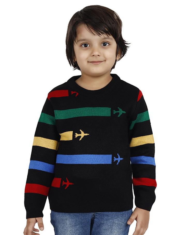 JoE Hazel Full Sleeves Striped & Aeroplane Design Detailed Acrylic Pullover - Black-picture-14