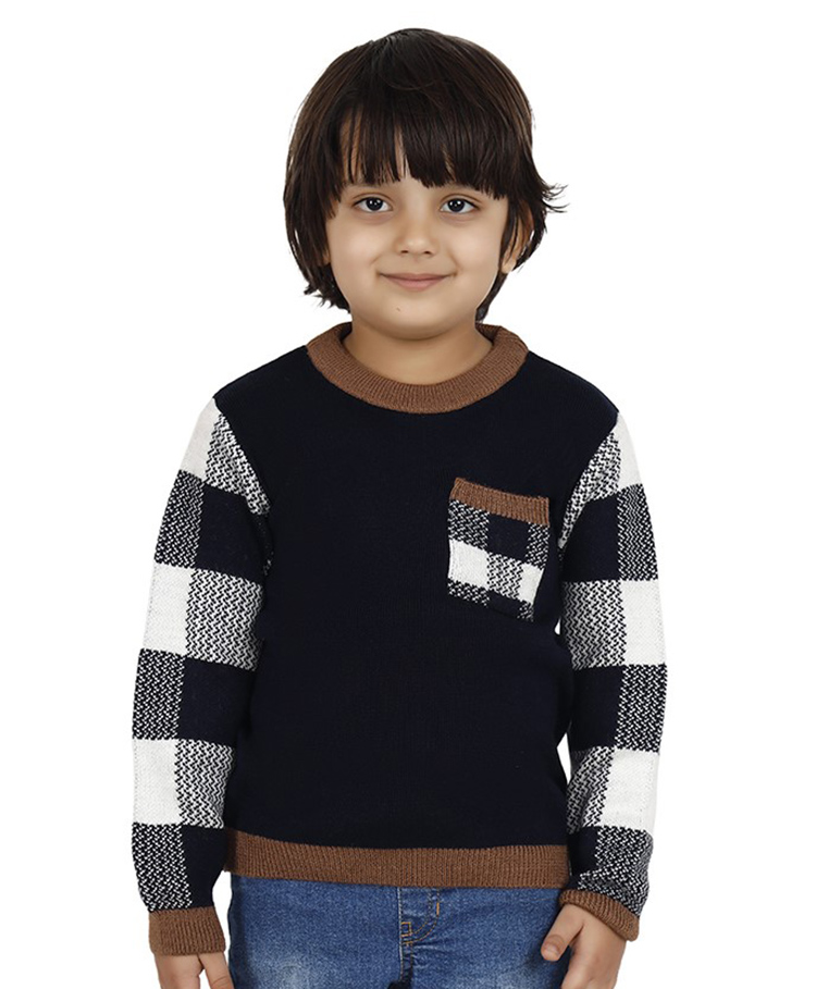 JoE Hazel Full Sleeves Checked Design Detailed Acrylic Pullover - Navy Blue-picture-33