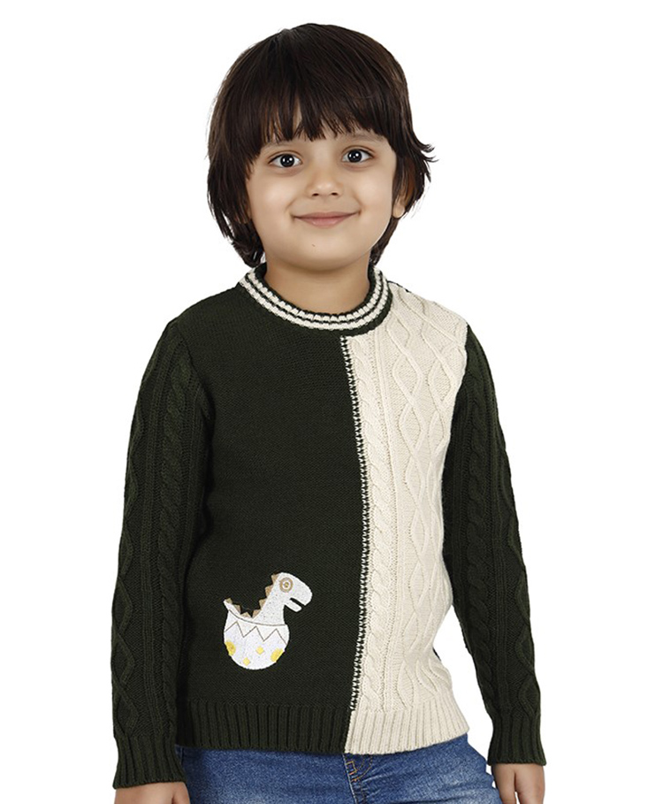 JoE Hazel Full Sleeves Baby Dinosaur & Cable Design Detailed Acrylic Pullover - Olive Green-picture-32