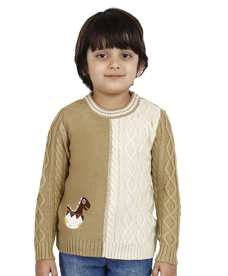 JoE Hazel Full Sleeves Baby Dinosaur & Cable Design Detailed Acrylic Pullover - Tan-image-32