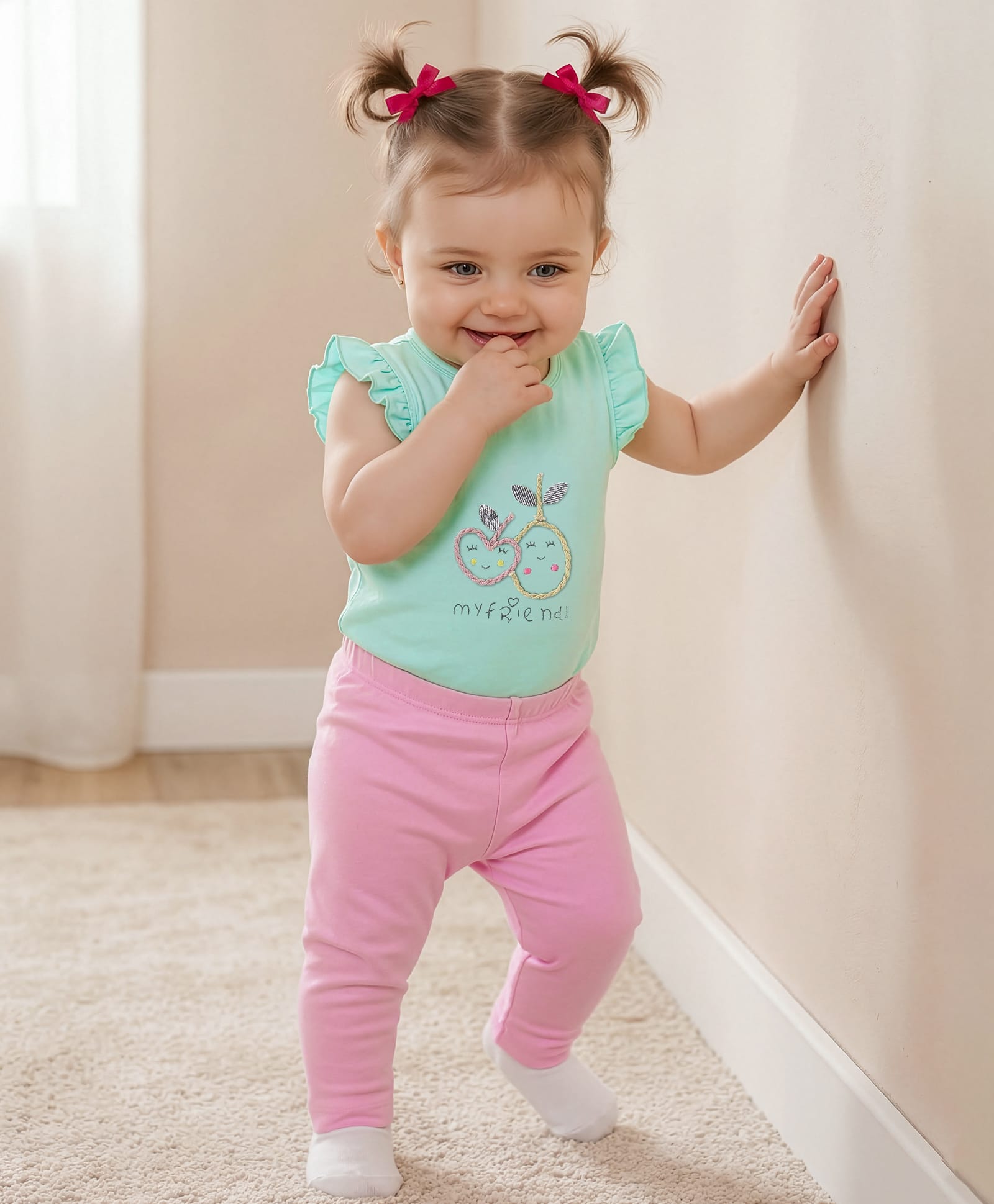 Babyoye 100%  Cotton Knit Interlock with Eco Jiva Finish Sleeveless Onesie & Leggings Solid Dyed with Embroidery & Text Print  - Mint Green & Pink-image-12