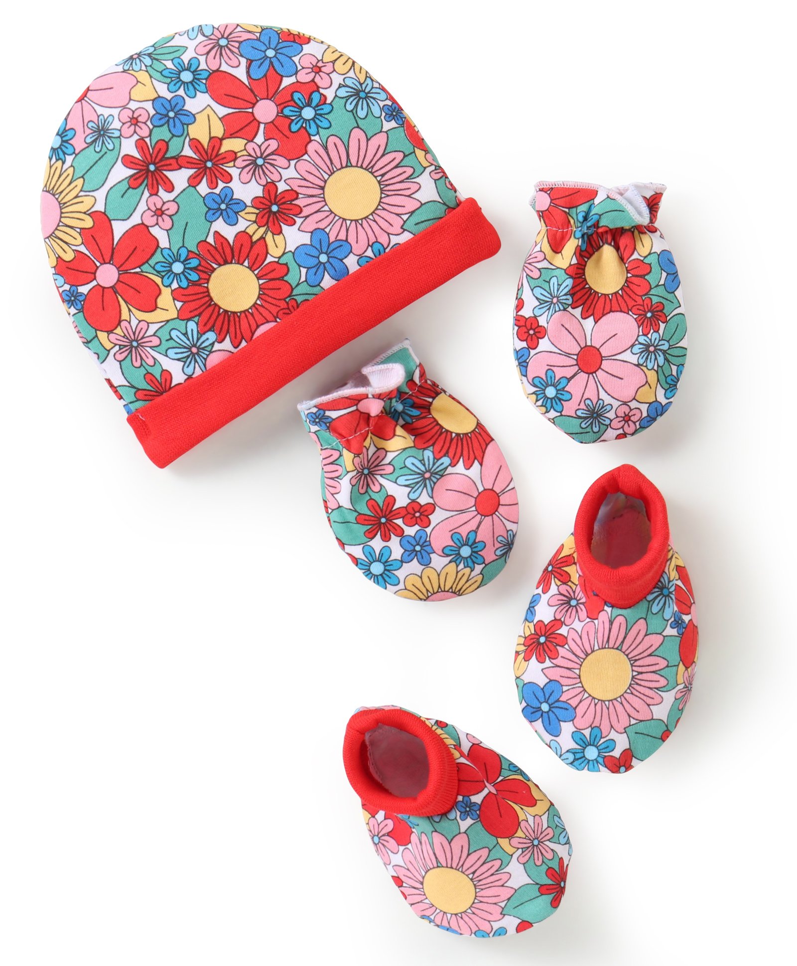 Babyhug 100% Cotton Cap Mittens & Booties Set Floral Print - Multicolour-image-48