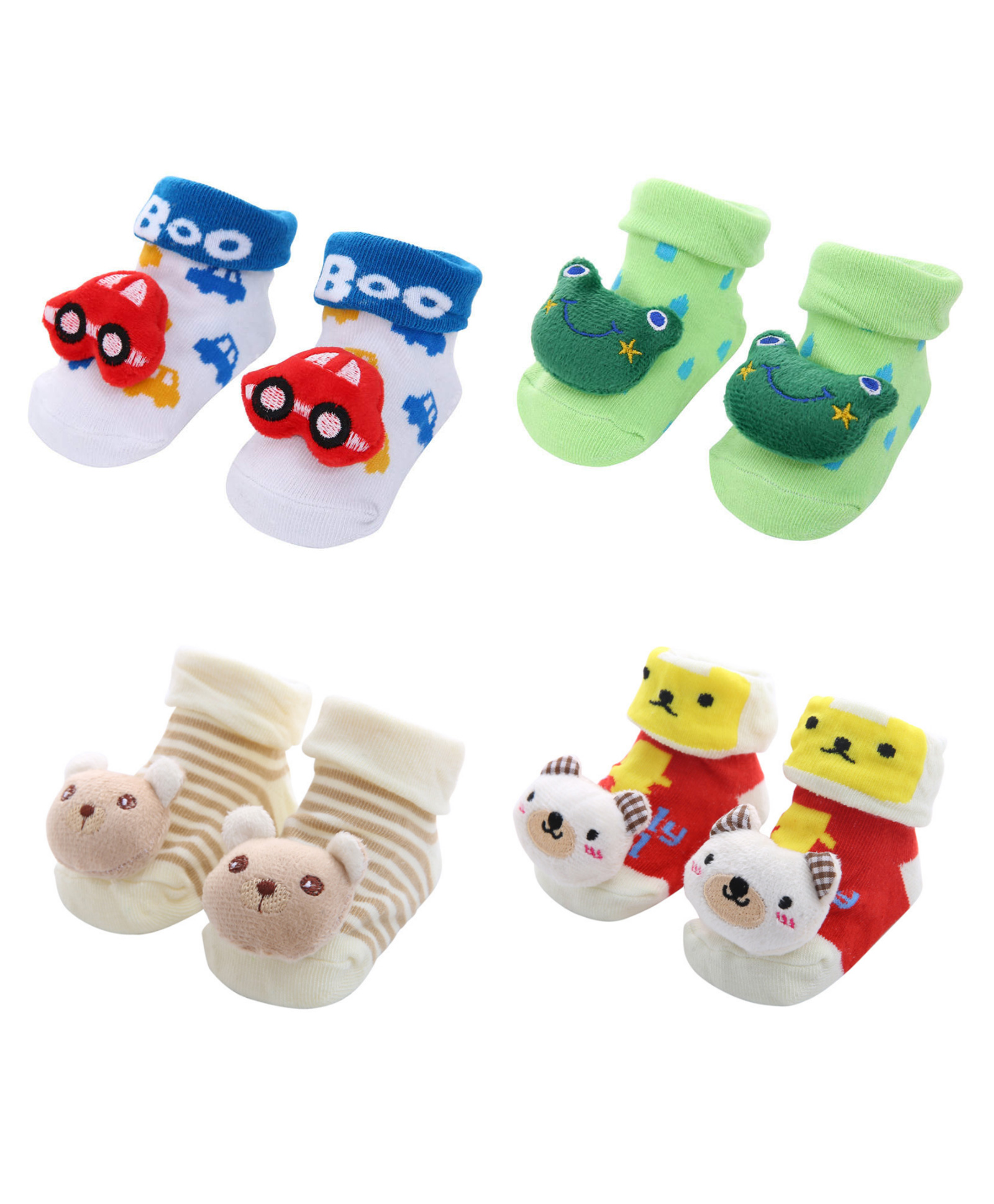Mumslap Pack Of 4 Animal Face Applique Detailed Anti Skid Cotton Socks - Multi Colour-picture-17