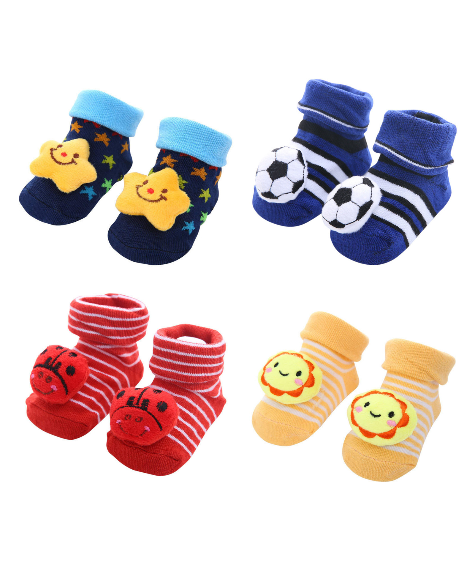 Mumslap Pack Of 4 Star & Sun  Applique Detailed Anti Skid Cotton Socks - Multi Colour-image-6