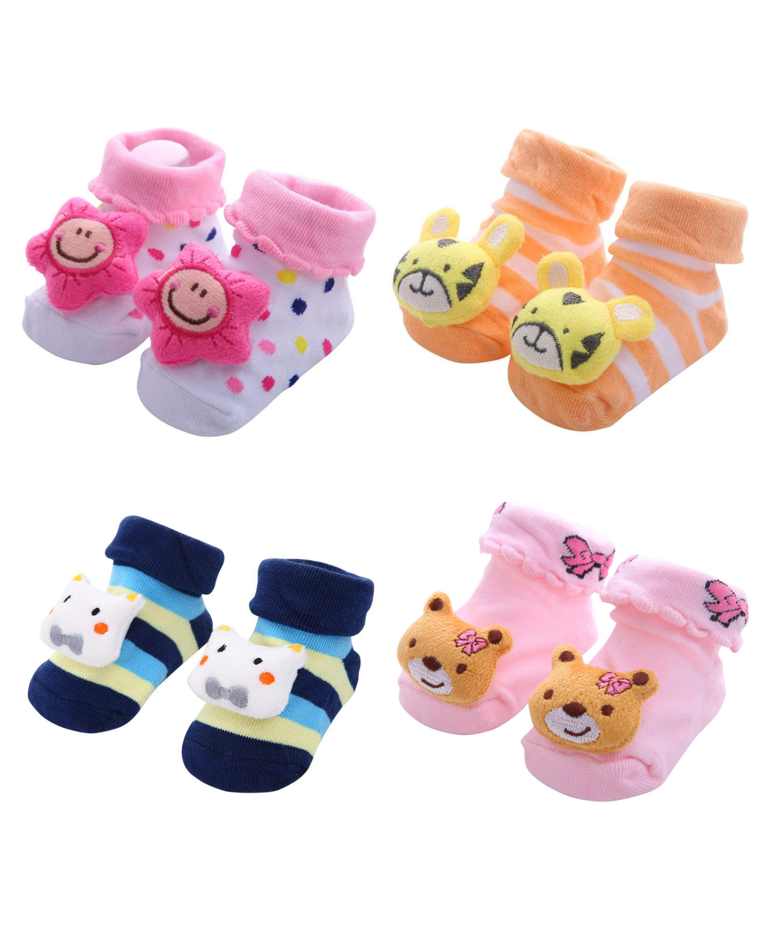 Mumslap Pack Of 4 Animal Face Applique Detailed Anti Skid Cotton Socks - Multi Colour-image-7