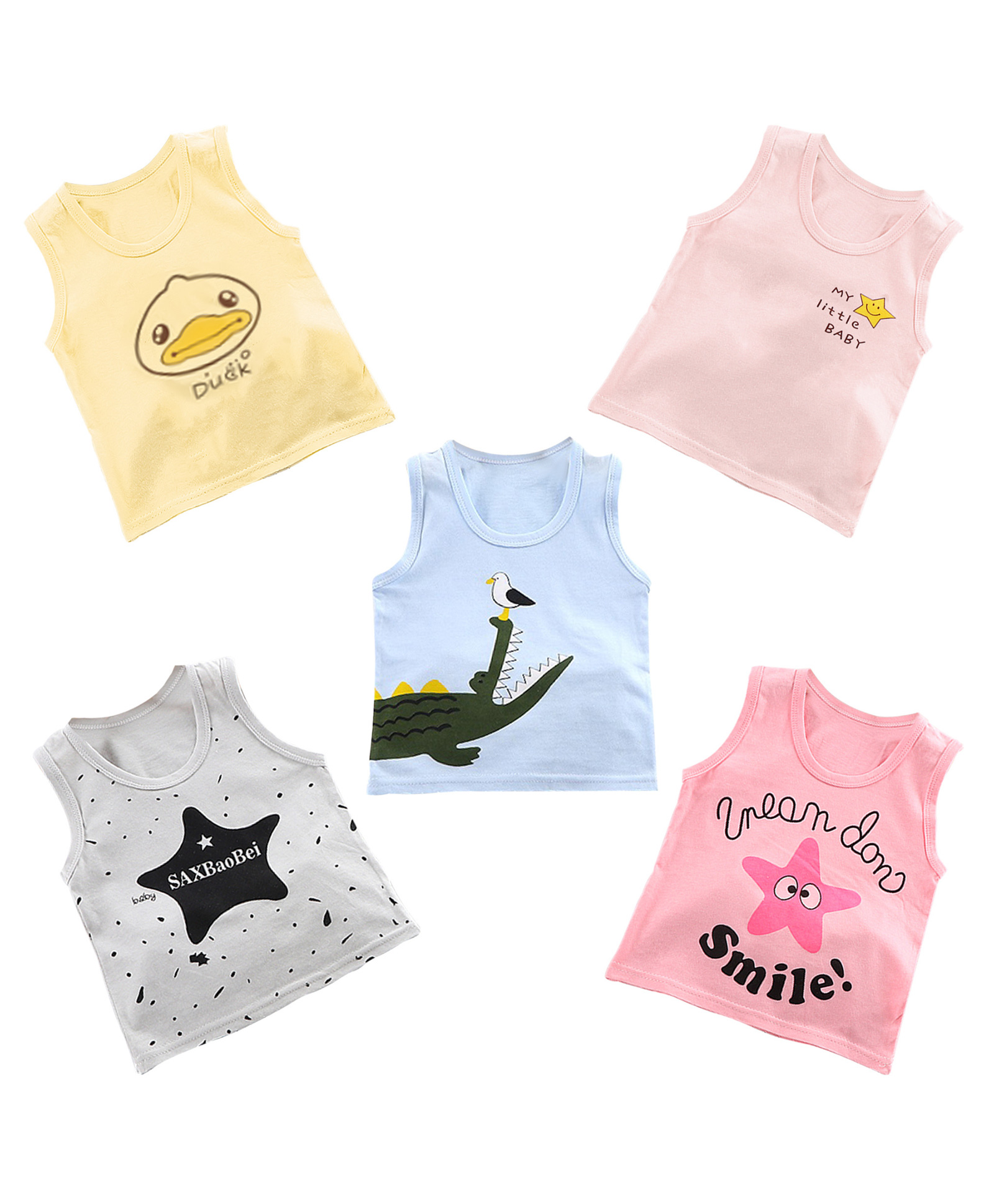 MumsLap  Pack Of 5 100% Cotton Sleeveless Animals  & Star Printed Vests - Multi Colour-picture-24
