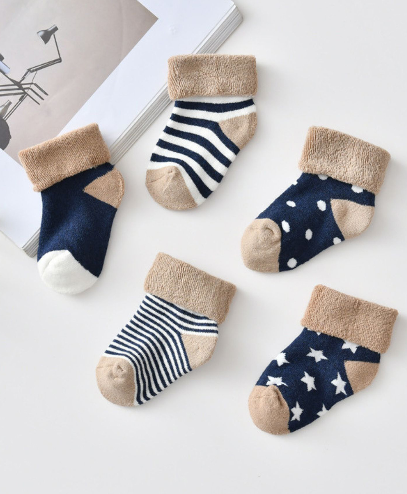 Mumslap Pack Of 5 Striped & Stars Detailed Socks With Terry - Dark Blue & Brown-picture-8