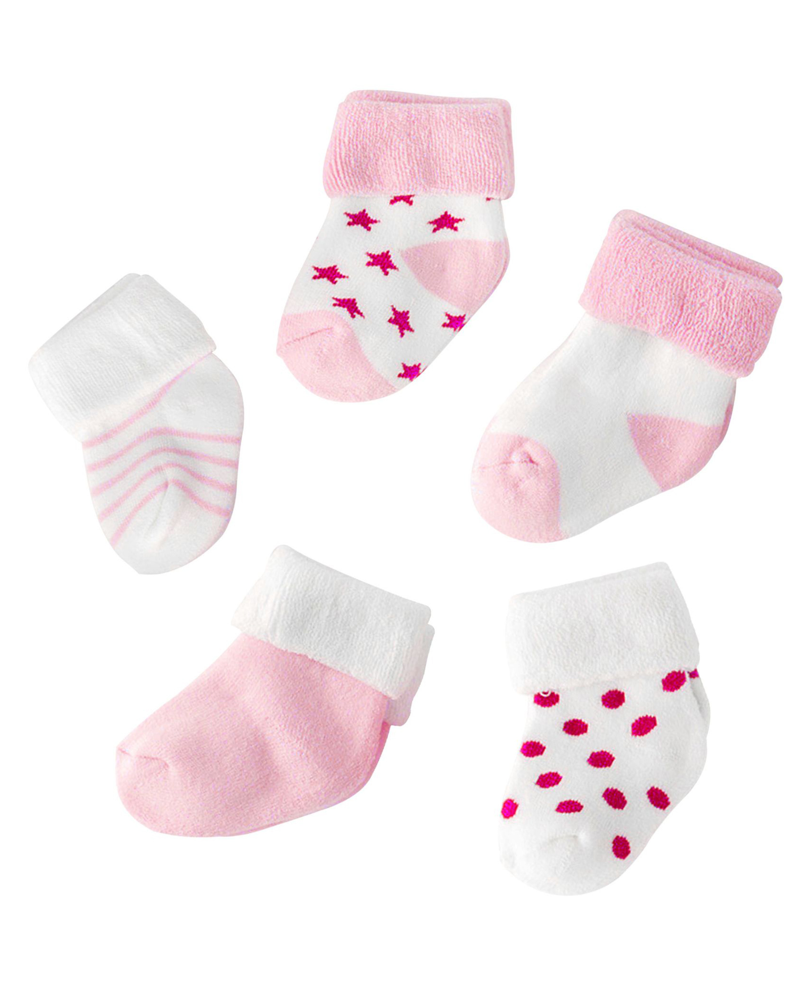 Mumslap Pack Of 5 Striped & Stars Designed Thick Terry Detailed Cotton Socks - White & Pink-image-5