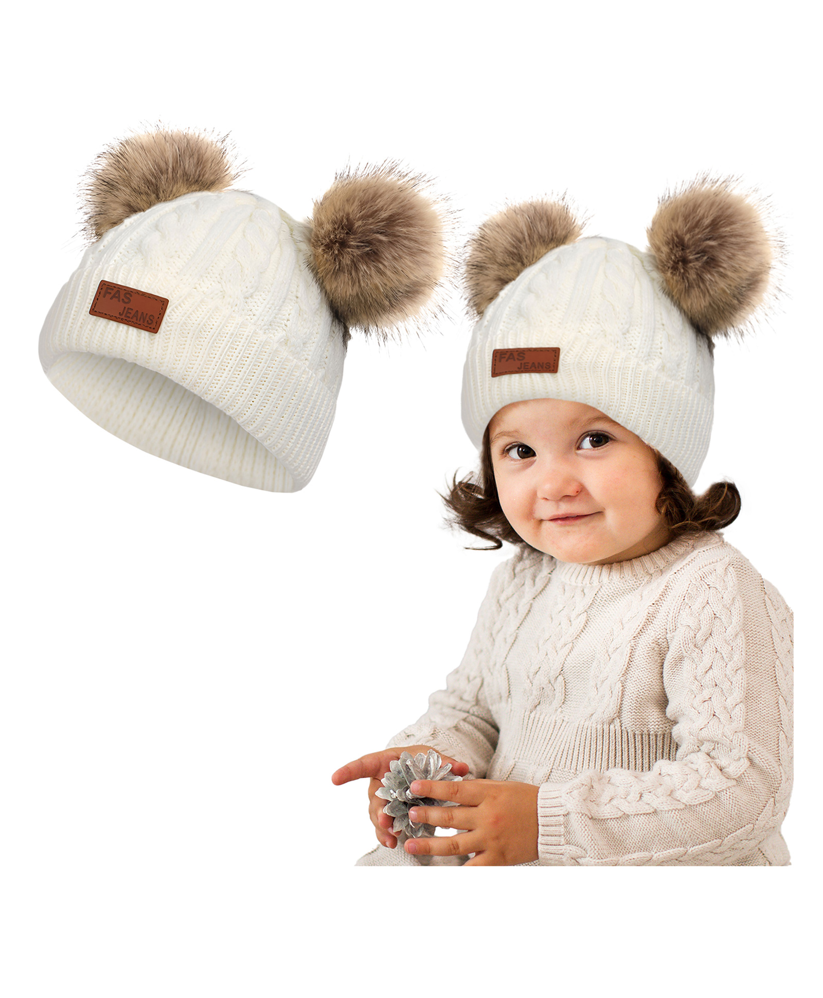 Bembika Baby Hat for Girls Infant Pom Pom Beanie Kids White - Diameter 18.5 to 40 cm-image-24