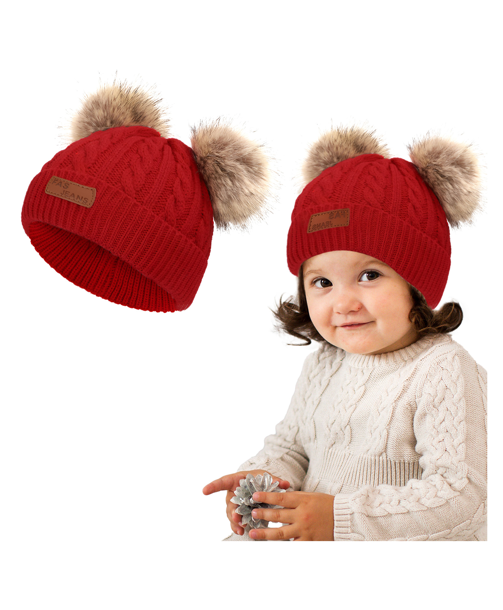 Bembika Baby Hat for Girls Infant Pom Pom Beanie Kids Red - Diameter 18.5 to 40 cm-image-23