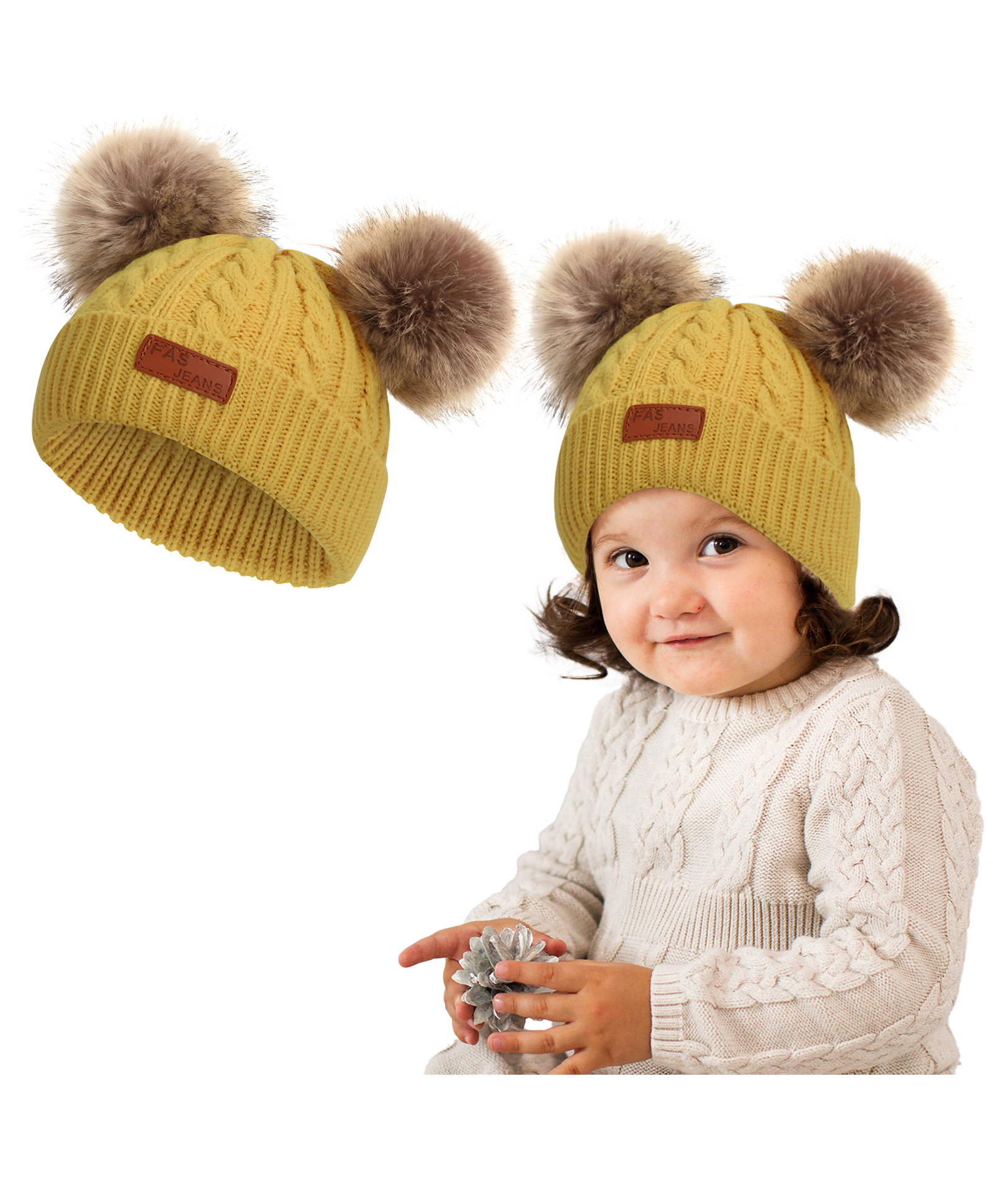 Bembika Baby Hat for Girls Pom Pom Beanie Kids Mustard - Diameter 18.5 to 40 cm-image-42