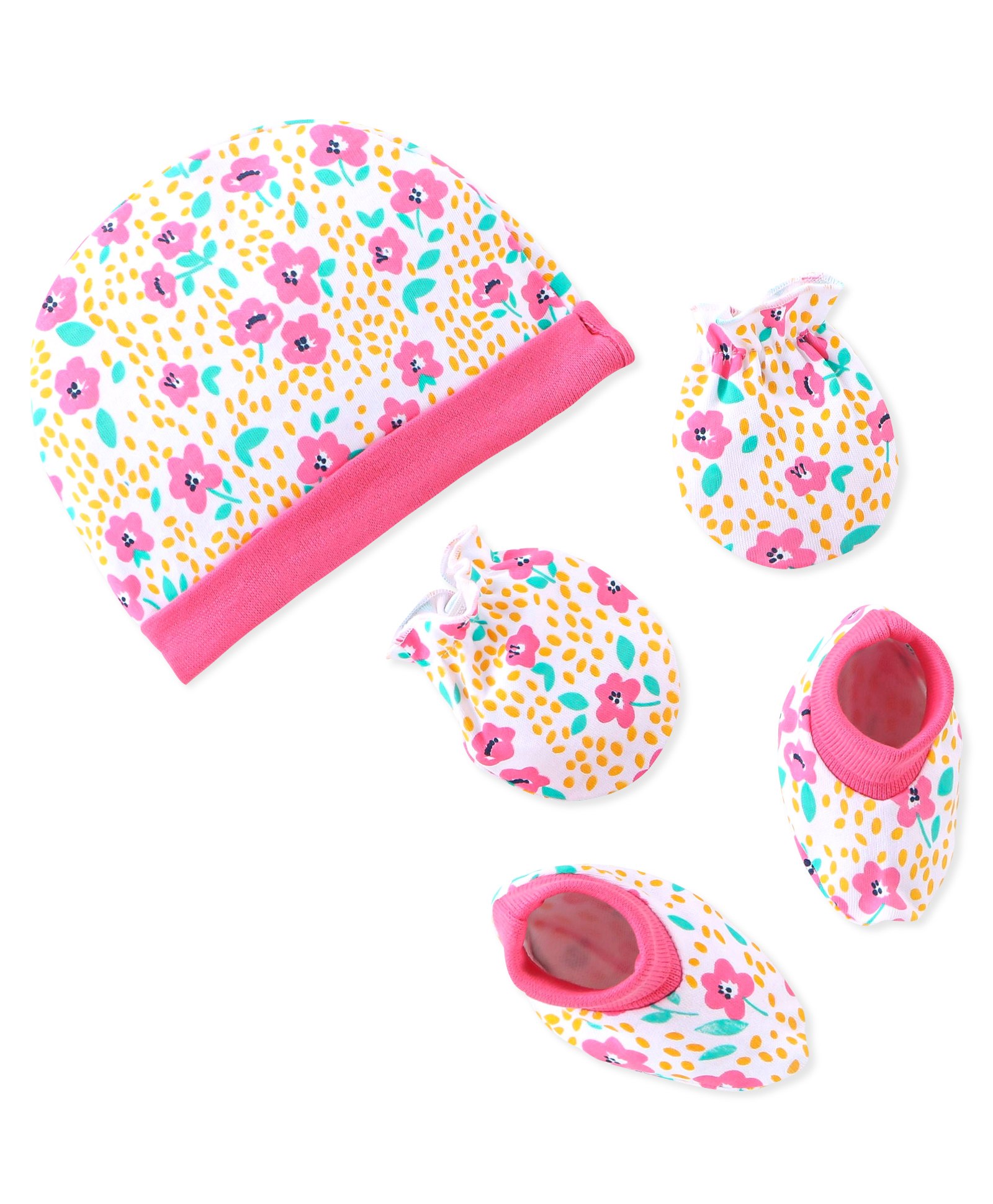 Babyhug 100% Cotton Knit Cap Mittens & Booties Set Floral Print- Multicolor-picture-13