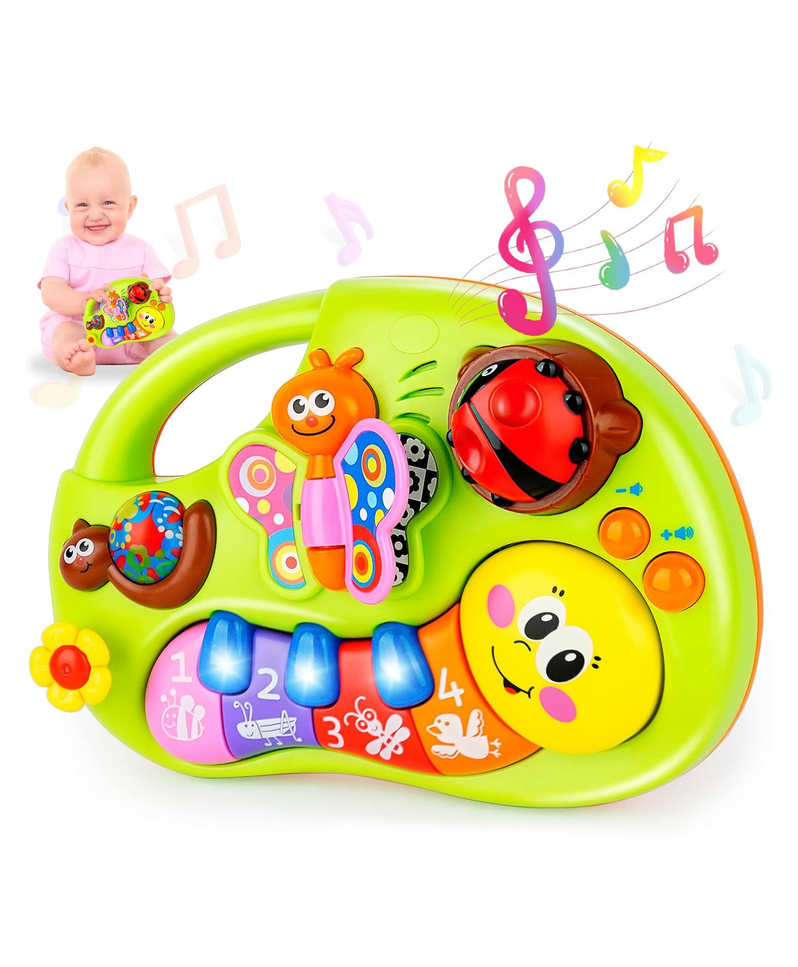 Yamama Smiley Face Caterpillar Fun Shape Keyboard Musical Toy for Kids with Animal Sound Lights and Music Educational Toy for Kids - Multicolor-image-7