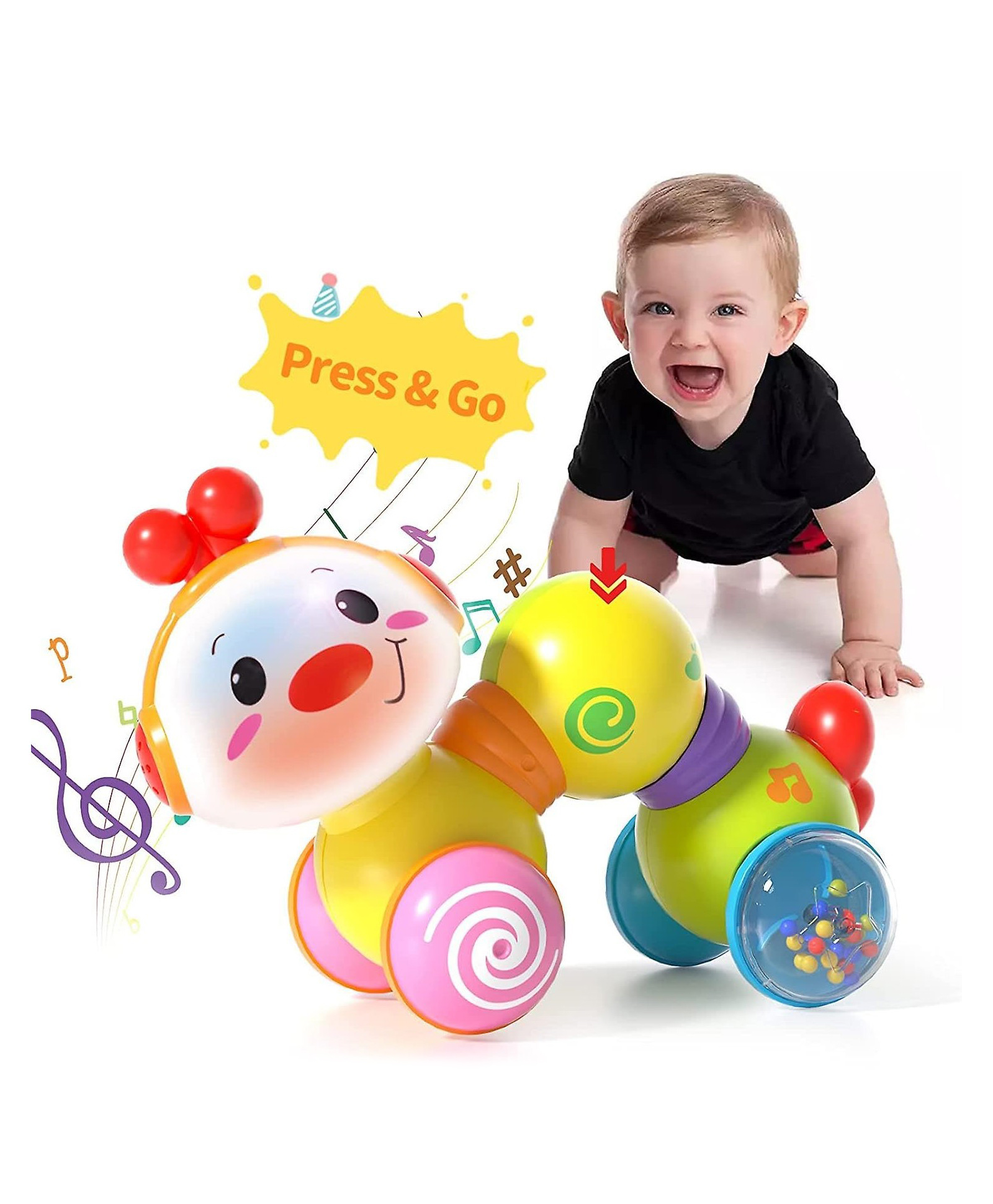 Yamama Happy Wiggle Worm Musical Toys for Kids with 360 Degree Rotatable Head Vortex Paller Wheels Flashing Lights Rattle Wheels and Music Toy for Kids  Multicolor-image-2