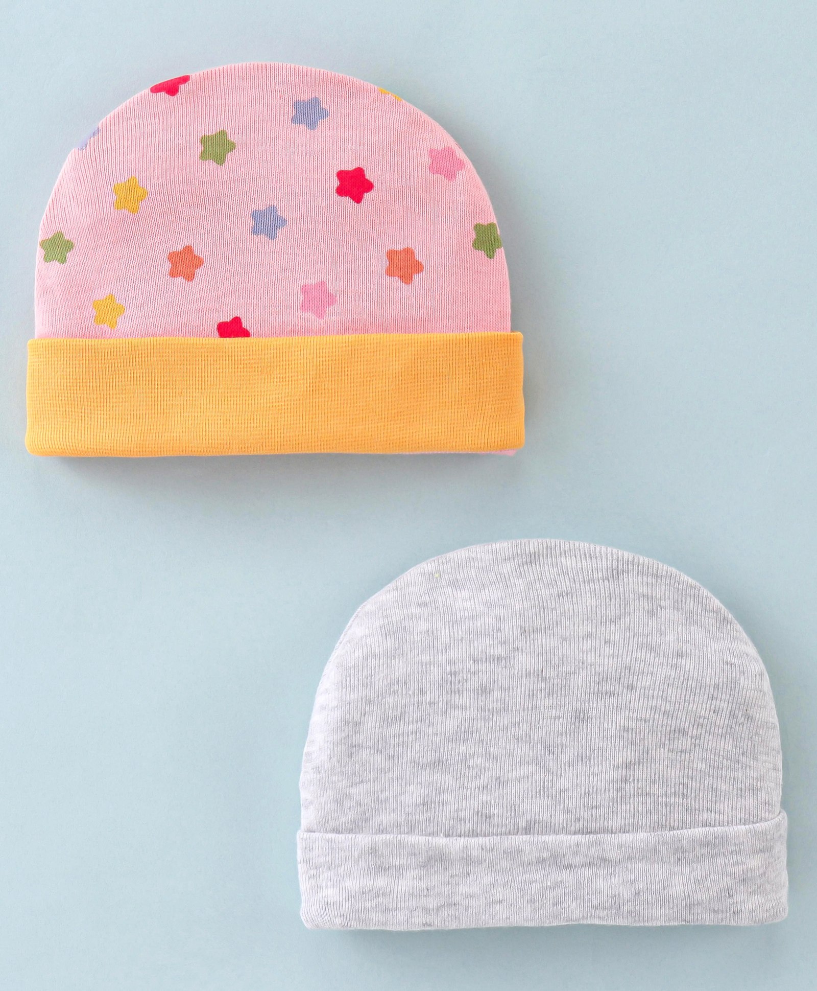 Ben Benny Cotton Knit Caps Solid & Star Print Pink & Grey Pack of 2- Diameter 9 cm-image-6