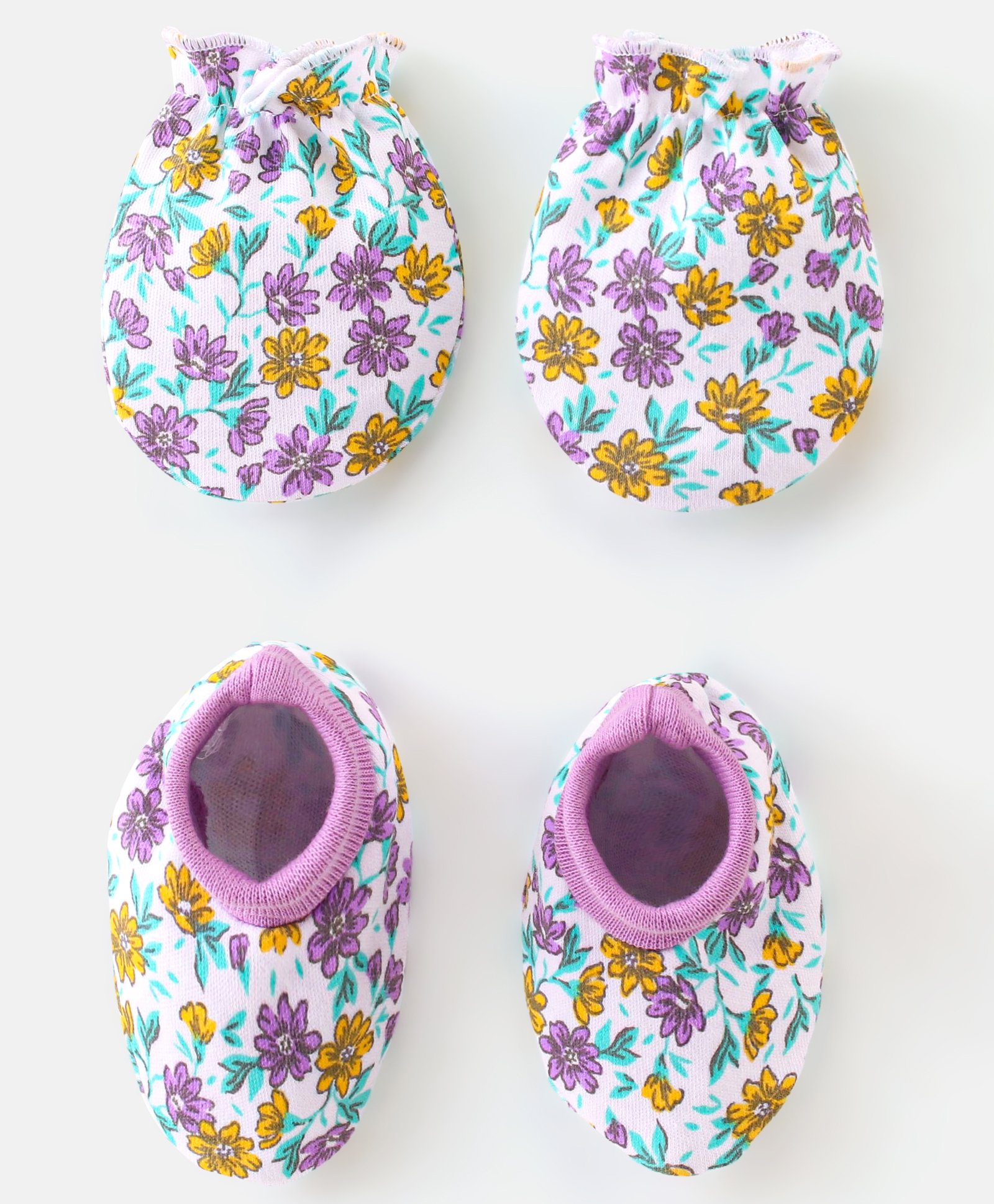 Babyhug 100% Cotton Knit Mittens & Booties Set Floral Print - Multicolor-picture-12