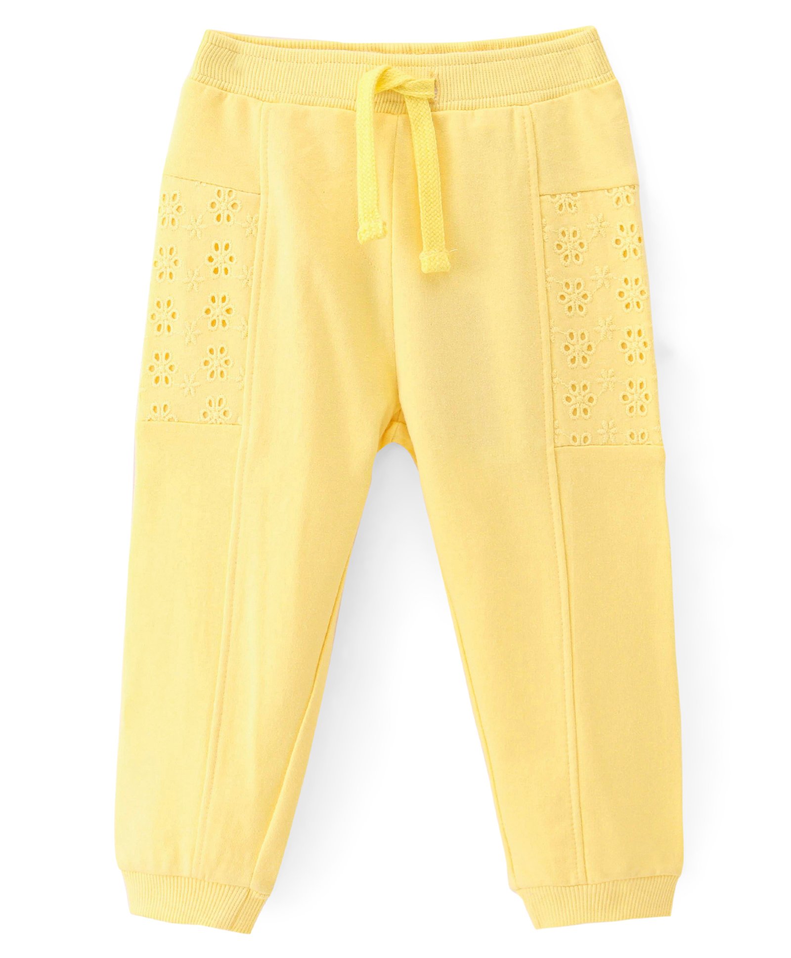 Babyhug Cotton Looper Knit Full Length Lounge  Pant Floral Embroidery -Yellow-picture-13